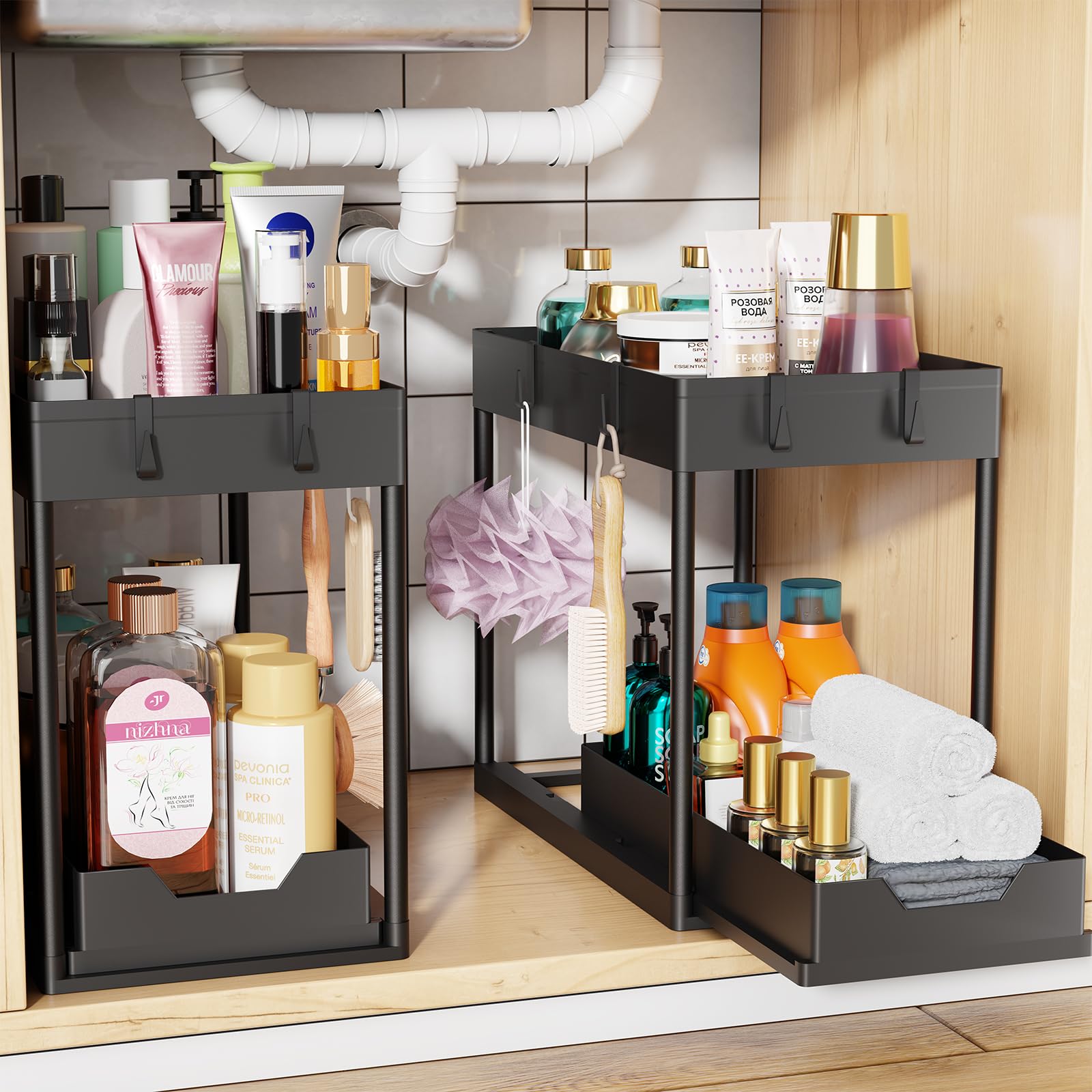 Simple Trending Under Sink Organizer 2 Pack, Sink Pull-Out Sliding Storage Cabinet, 2-Tier Under Shelf Organizer for Kitchen Bat