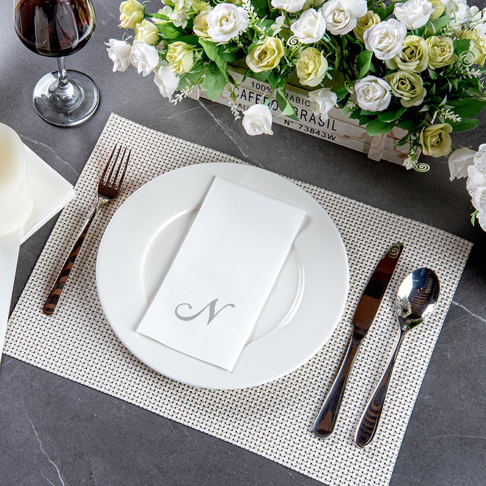 Luxenap 15.8 X 7.9 Inch Linen-Feel Guest Towels, 50 Lettered Hand Towels - Silver Letter 'N', Cursive Font, White Paper Dinner N