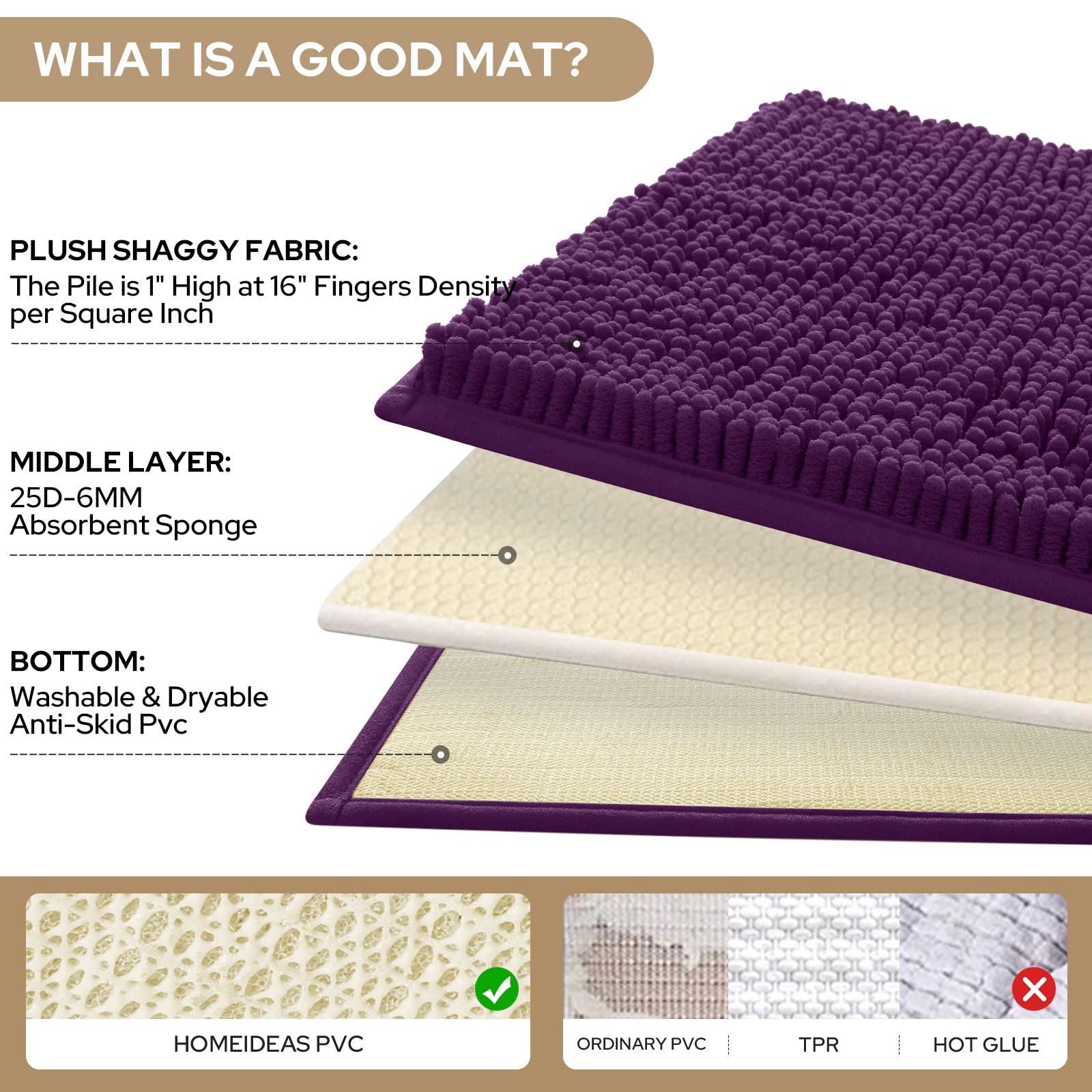 HOMEIDEAS 3 Pieces Bathroom Rugs Set Ultra Soft Non Slip and Absorbent Chenille Bath Rug  Dark Purple Bathroom Rugs Plush Bath Mats for Tub  Shower  Bathroom