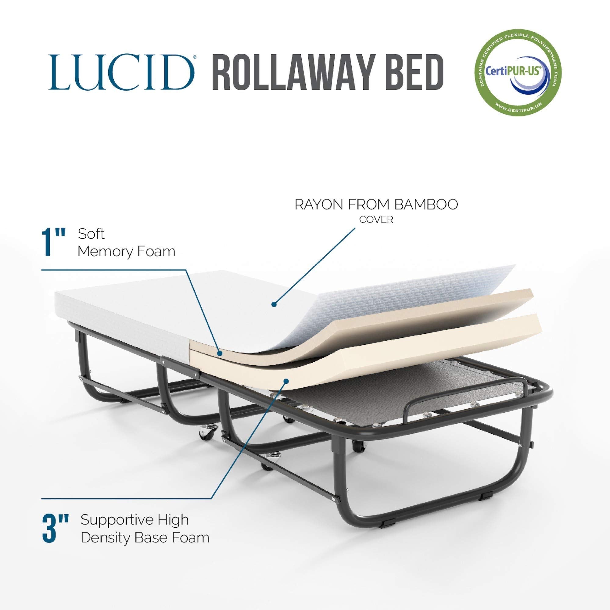 Lucid Rollaway Folding Guest Bed With 4 Inch Memory Foam Mattress- Rolling Cot- Easy Storage-Cot Size Bed