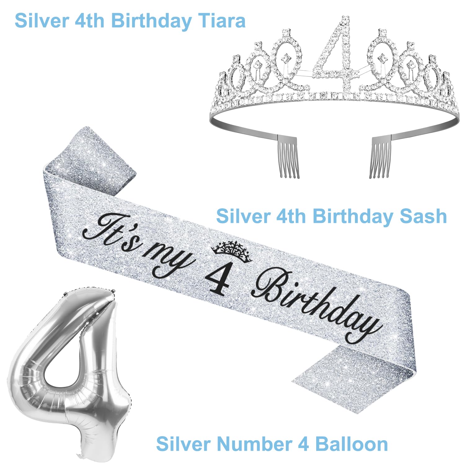 4th Birthday Decorations for Girls Silver with 4th Birthday Sash and Tiara, Cake Topper and Candle, Silver Number Balloon, 4 Yea
