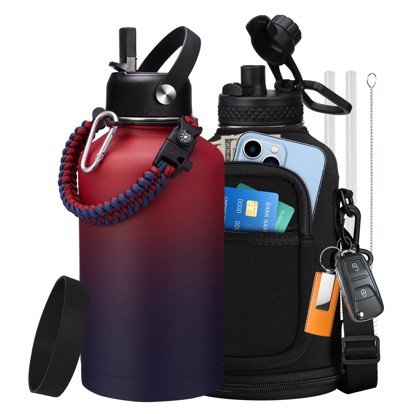 64Oz Stainless Steel Water Bottles - Half Gallon Water Bottle With Straw Lids, Reusable Vacuum Insulated Water Jug W/ Carrier Ba