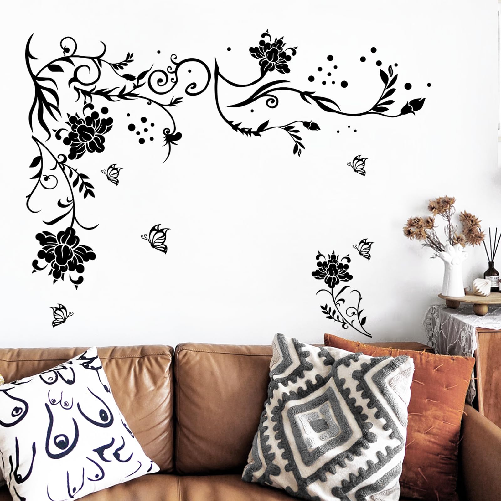 Supzone Flowers Vine Wall Decals Black Flower Wall Stickers Butterfly Floral Wall Decor Removable Vinyl Diy Home Wall Art Sticke