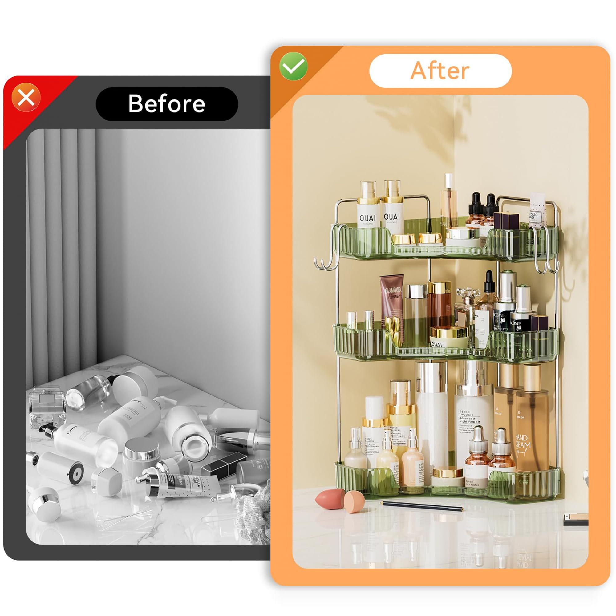 Kinkota 3 Tier Corner Bathroom Organizer Countertop, Plastic Bathroom Counter Organizer, Vanity Tray Sink Shelf With Hooks, For