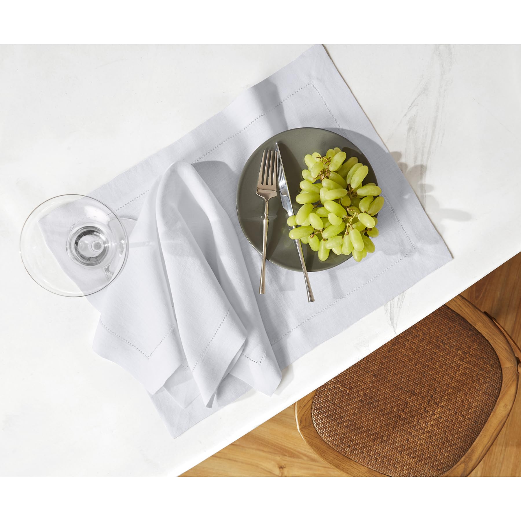 Solino Home Linen Placemats 19'' L X 14'' W Inch - 100% Pure Linen Prewashed White Cloth Placemats Set Of 6 - Sonoma Hemstitch,