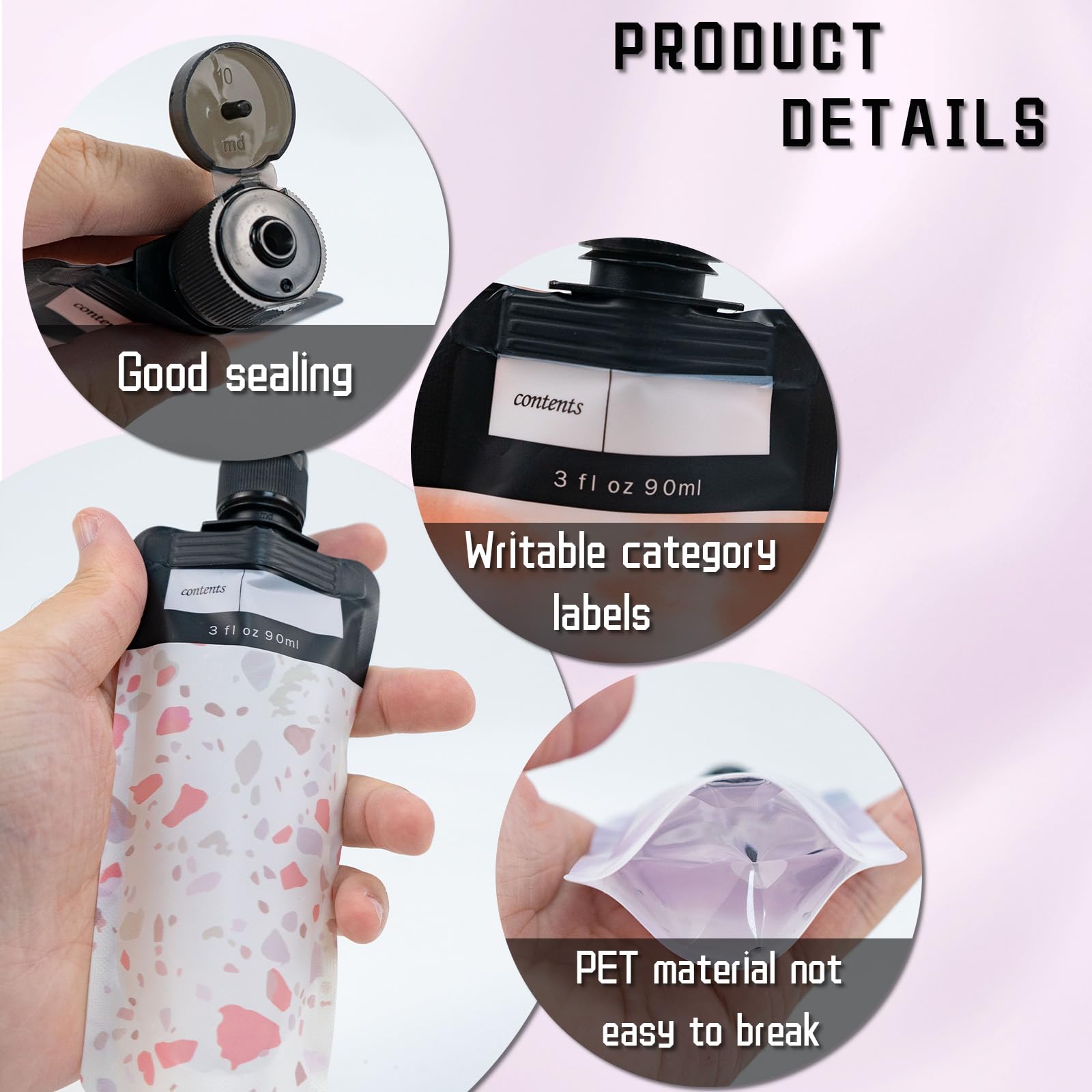 Binxus 16 Pcs Leak Proof Empty Squeeze Pouches, Portable Travel Fluid Makeup Packing Bag Plastic Refillable Squeeze Pouches For