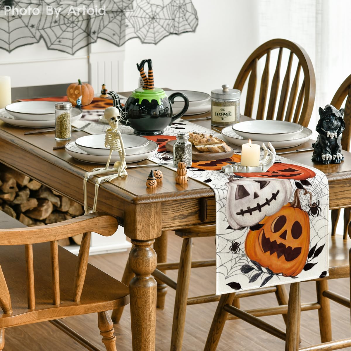Artoid Mode Pumpkins Spider Web Halloween Table Runner, Seasonal Fall Kitchen Dining Table Decoration For Home Party Decor 13X12