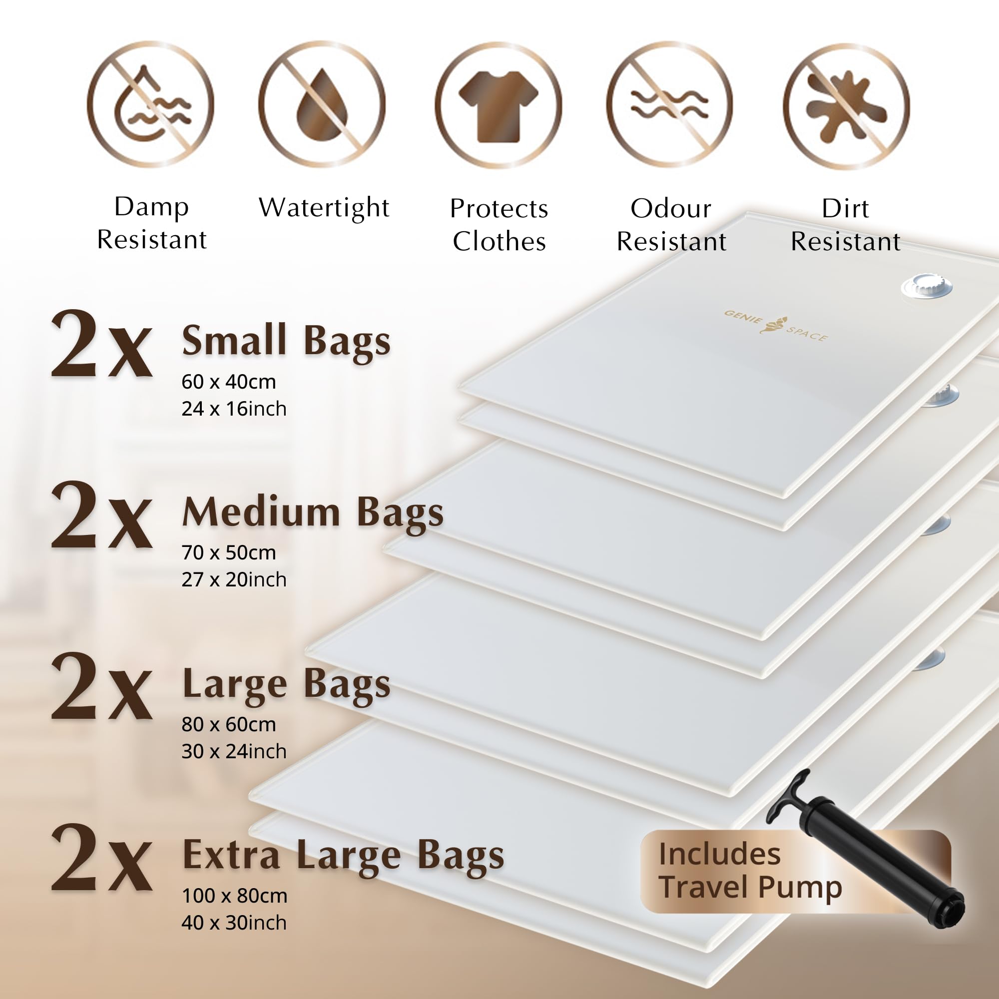GENIE SPACE - Incredibly Strong Premium Space Saving Vacuum Bags Storage | Variety 8 Pack (2XL+2L+2M+2S) | Airtight & Reusable | Create 80% more space | For Clothes  Towels  Bedding  Duvets and more..