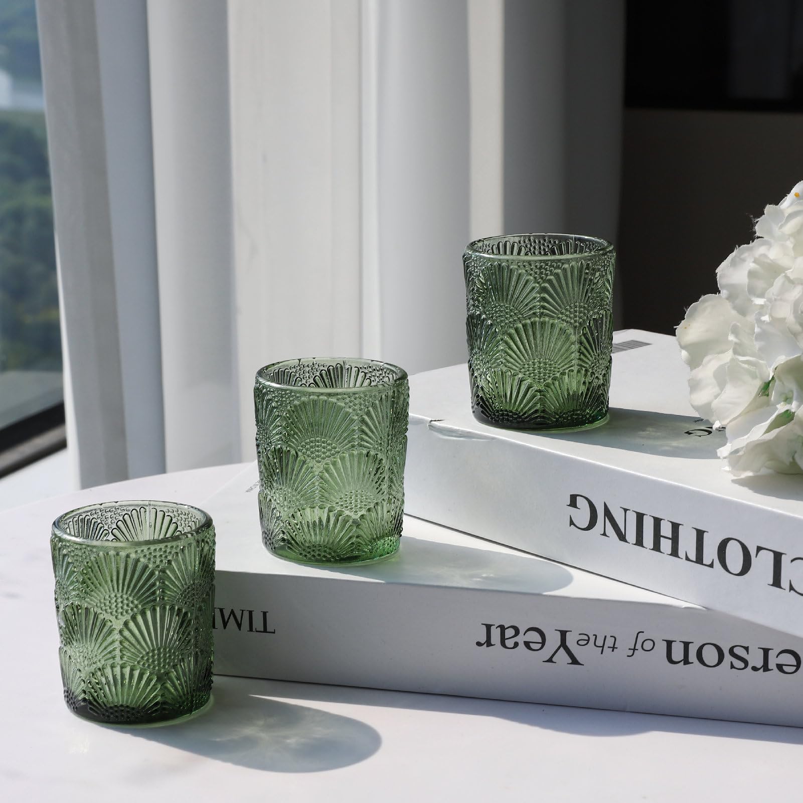 Woho Green Votive Candle Holders Set of 24, Green Glass Tealight Candle Holder for Christmas Party Decor, Tea Light Candle Holde