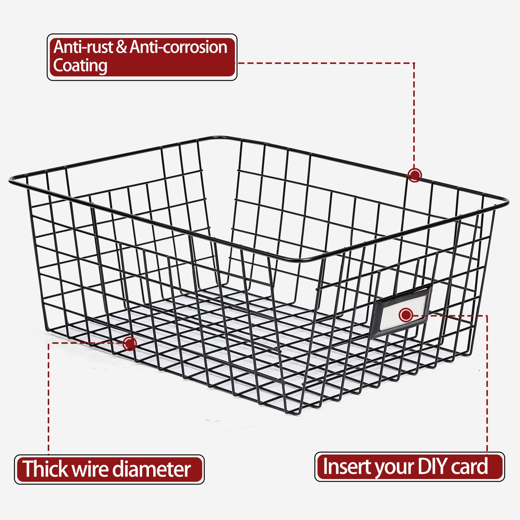 6 Pack [ Extra Large ] Wire Storage Baskets for Organizing with Lables  Pantry Organization Bins for Cabinets - Metal Basket for Kitchen  Laundry  Garage  Fridge  Bathroom Countertop Organizer  Black