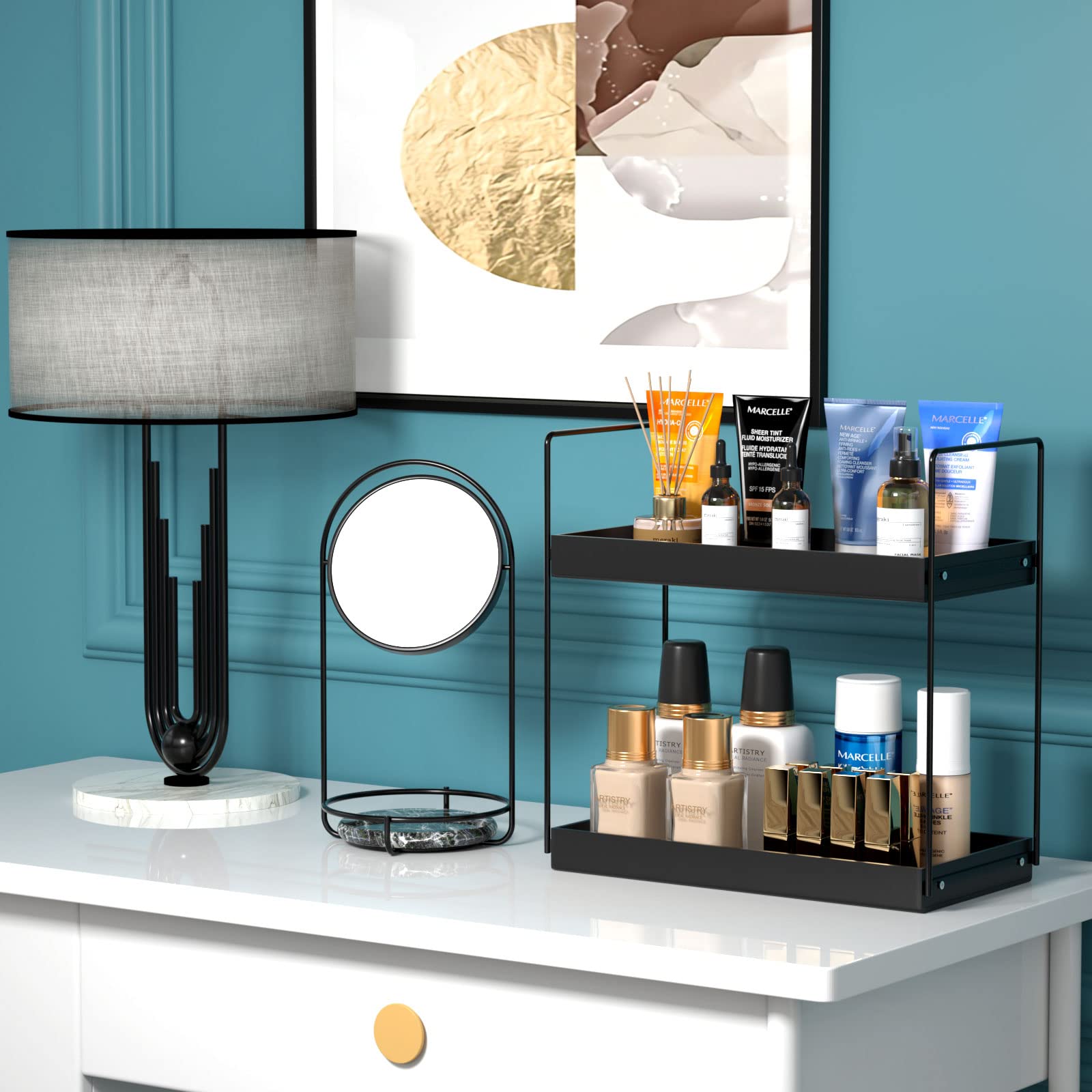 Npplus Bathroom Countertop Organizer, 2 Tier Metal Vanity Counter Skincare Shelf, Matte Black, 13.6''L X 6.9''W X 13.8''H
