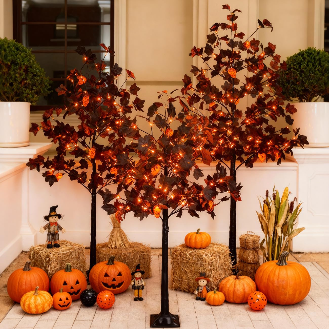 TYBEEU Halloween Decor Set: 4ft/5ft/6ft Black Maple Trees with 384 LED, 24 Skull Lights & Spiders - Indoor/Outdoor Waterproof - 