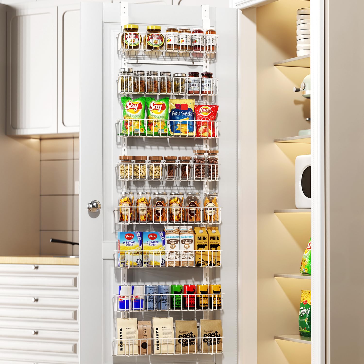 Delamu Adjustable Cabinet Door Organizer, 8-Tier Hanging Spice Rack Organizer, Metal Over the Door Pantry Organizer, Pantry Orga