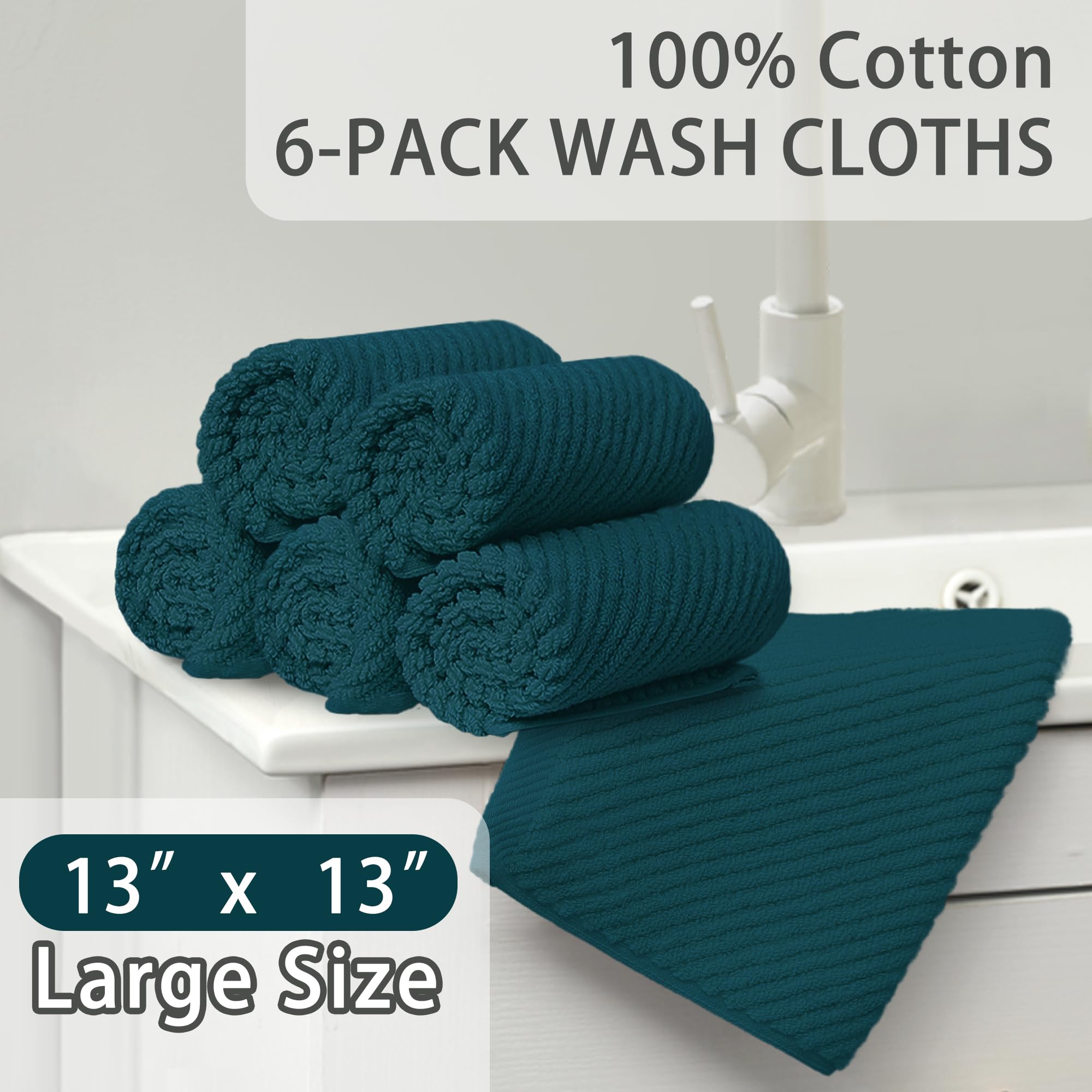Face Towels For Bathroom, 6Pc 13''X13'' - 100% Cotton | Light Weight | Thick | Quick Dry | Soft | Absorbent, Fluffy Bathroom Han