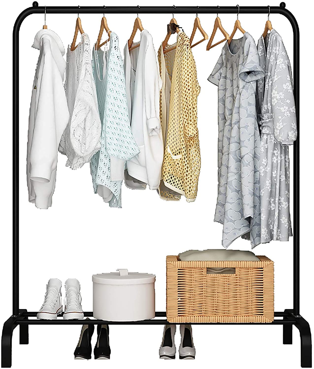 House Of Quirk Metal Garment Rack Heavy Duty Indoor Bedroom Clothes Coat Stand Shoes Rack, With Top Rod And Lower Storage Shelf 