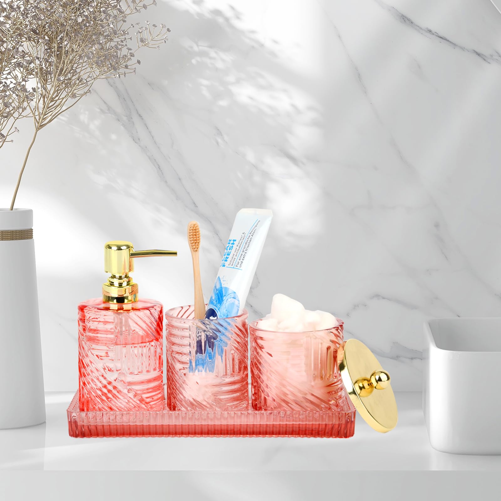 Bathroom Accessories Set,4 Pcs Pink Glass Bathroom Accessories Sets Complete With Lotion Soap Dispenser,Toothbrush Holder,Qtip H