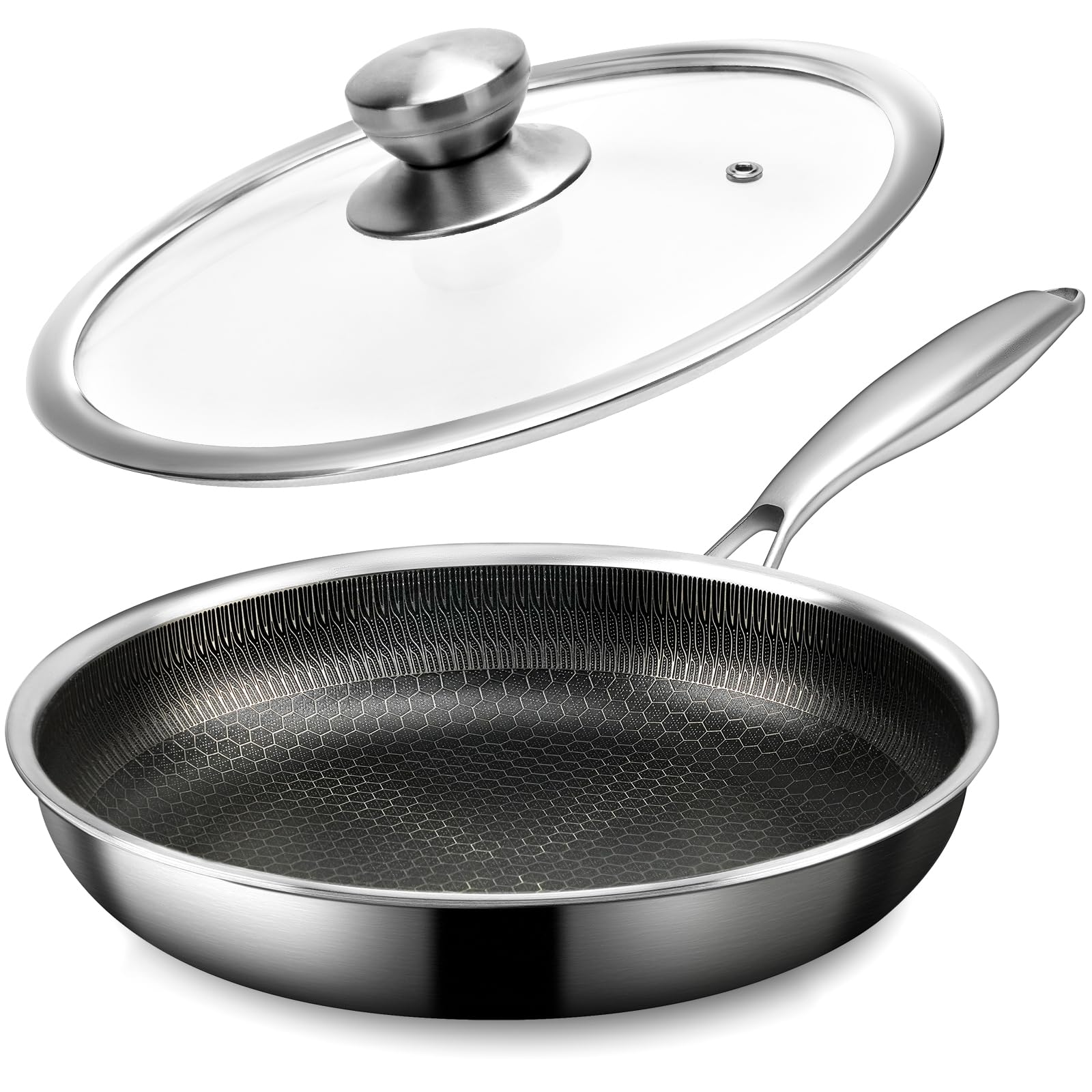 CADIVIZZO 8 Stainless Steel Frying Pan with Lid, Honeycomb, PFOA Free