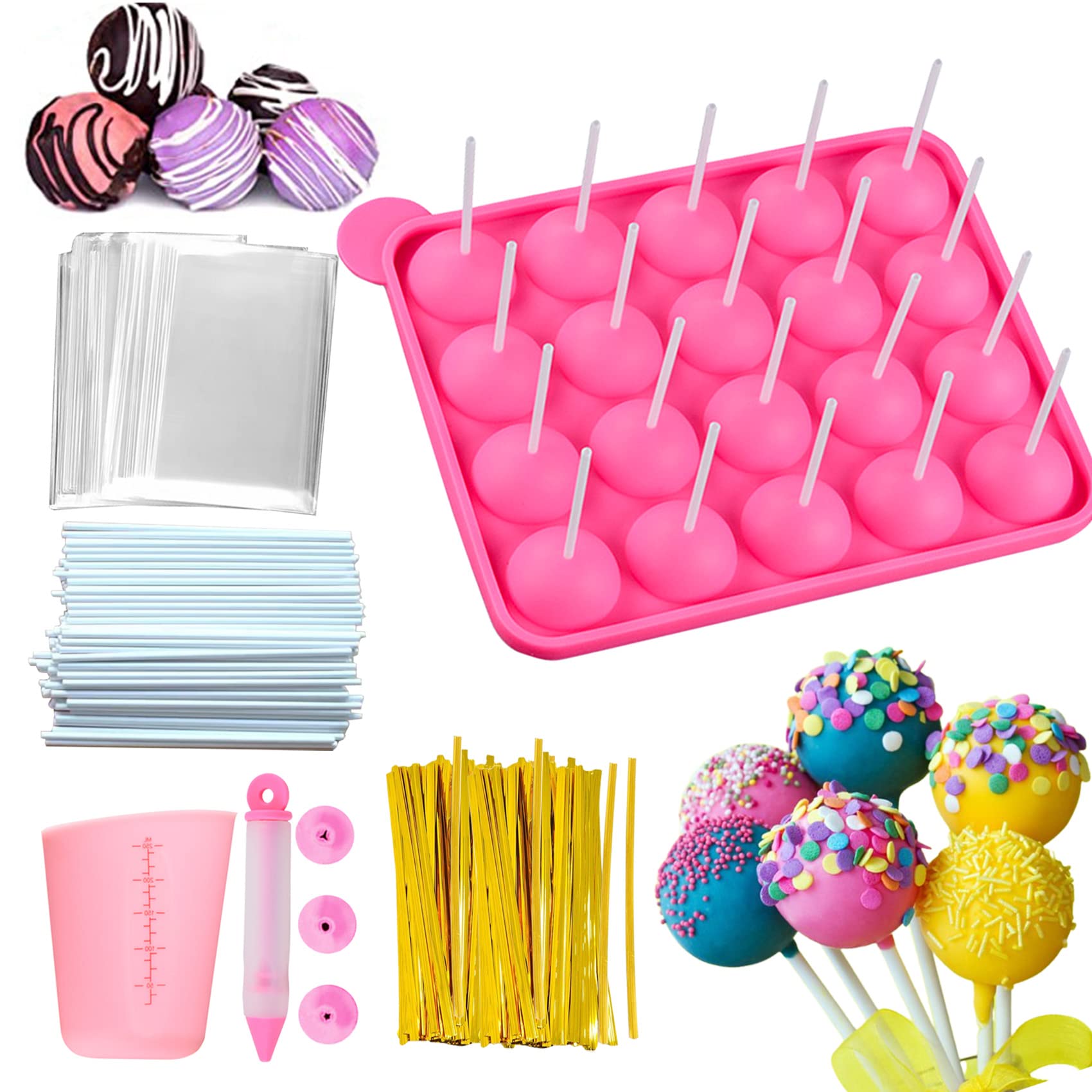 Mold - Silicone Cake Pop Kit With Measuring Cup Decorating Pen With 4 Piping Tips 100 Pcs Lollipop Sticks 100 Pcs Treat Bags 800