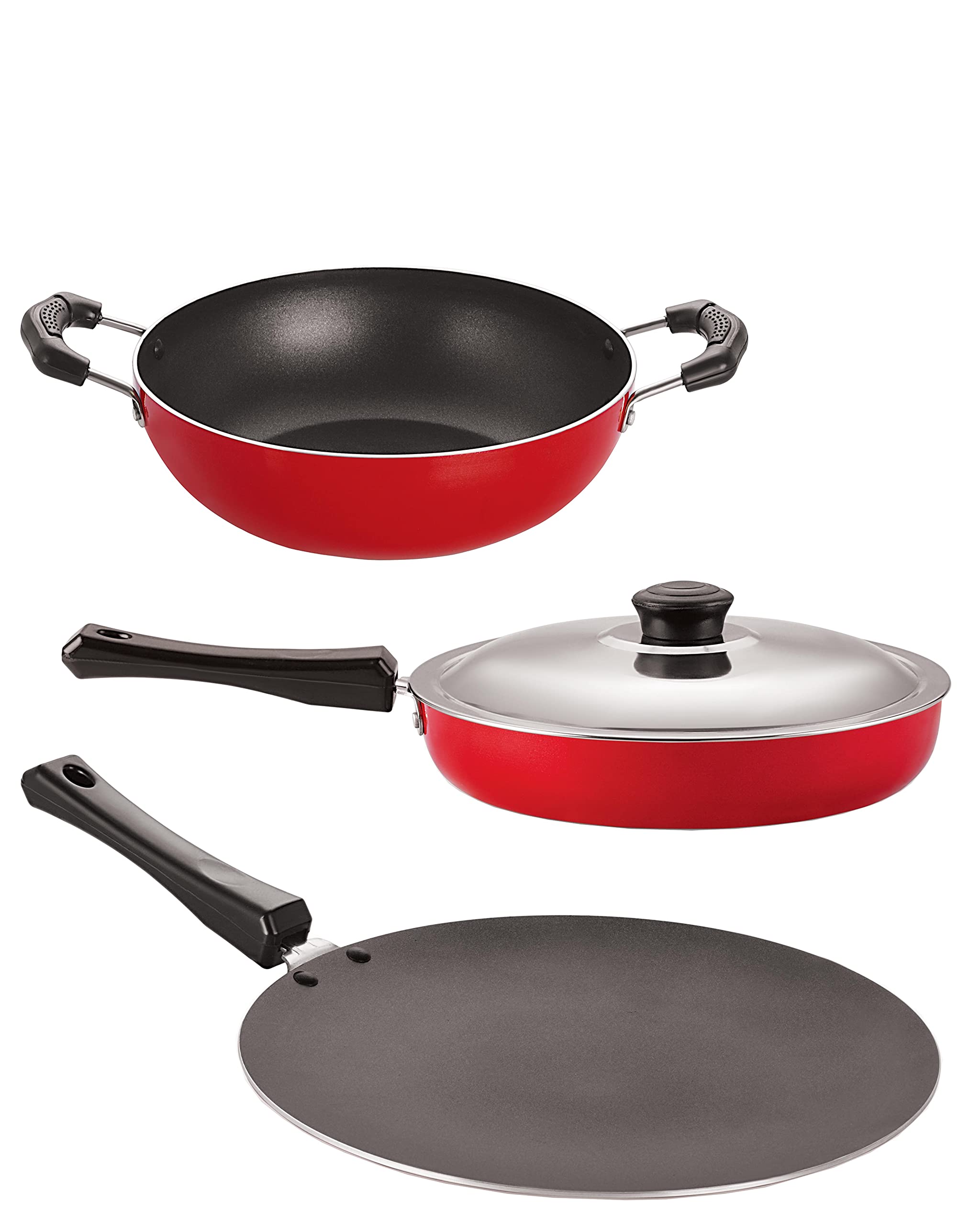 Nirlon Cooking Pots And Pans NonStick Cookware Set 3Pieces Concave Tawa 28.5Cm, Fry Pan With Steel Lid 2 Ltr, Kadai 1.5 Ltr On