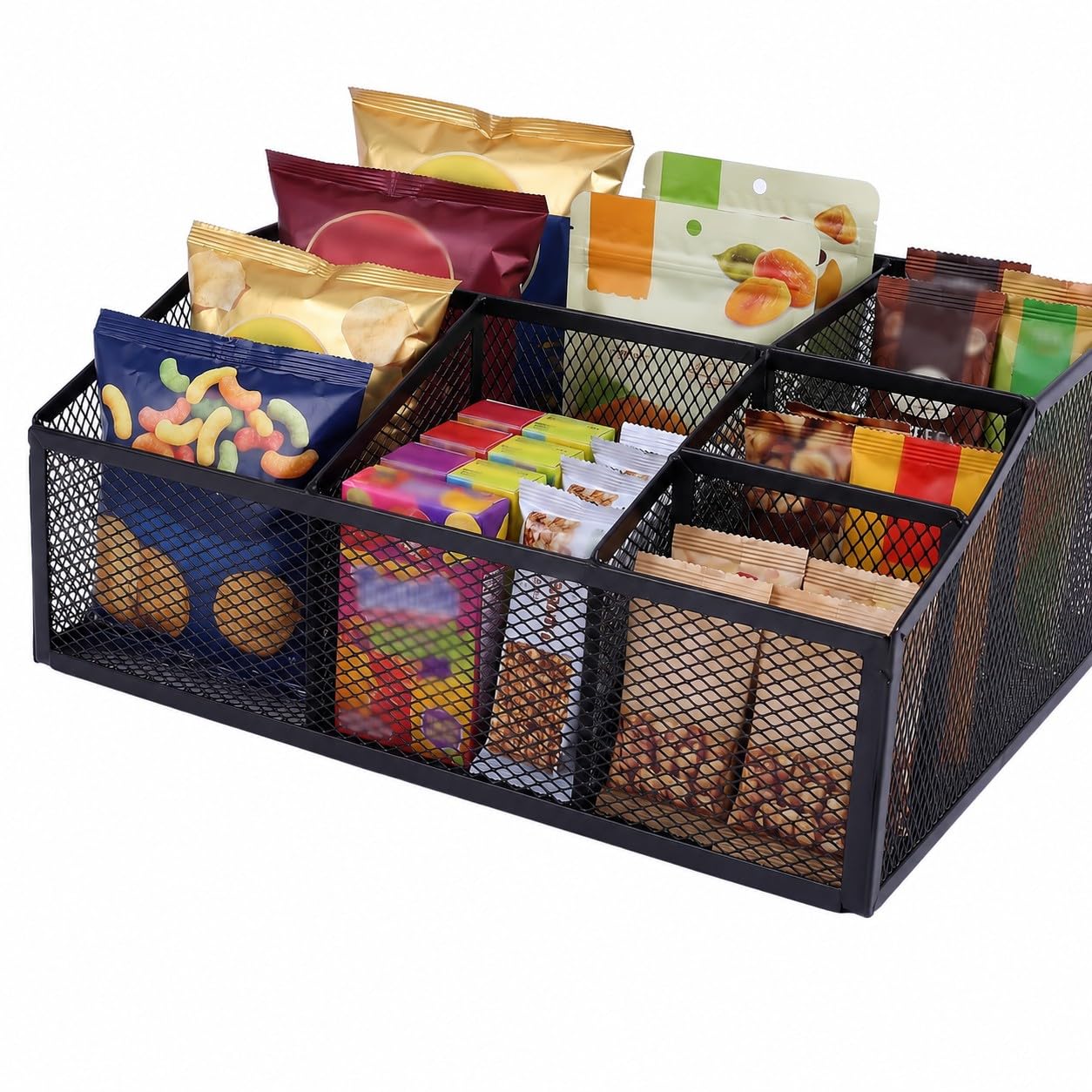 Snack Organizer for Pantry, Metal Mesh Storage Basket, Kitchen Counter Snack Box Tray, Drink Packet Holder, Tea Bag Organizer, P