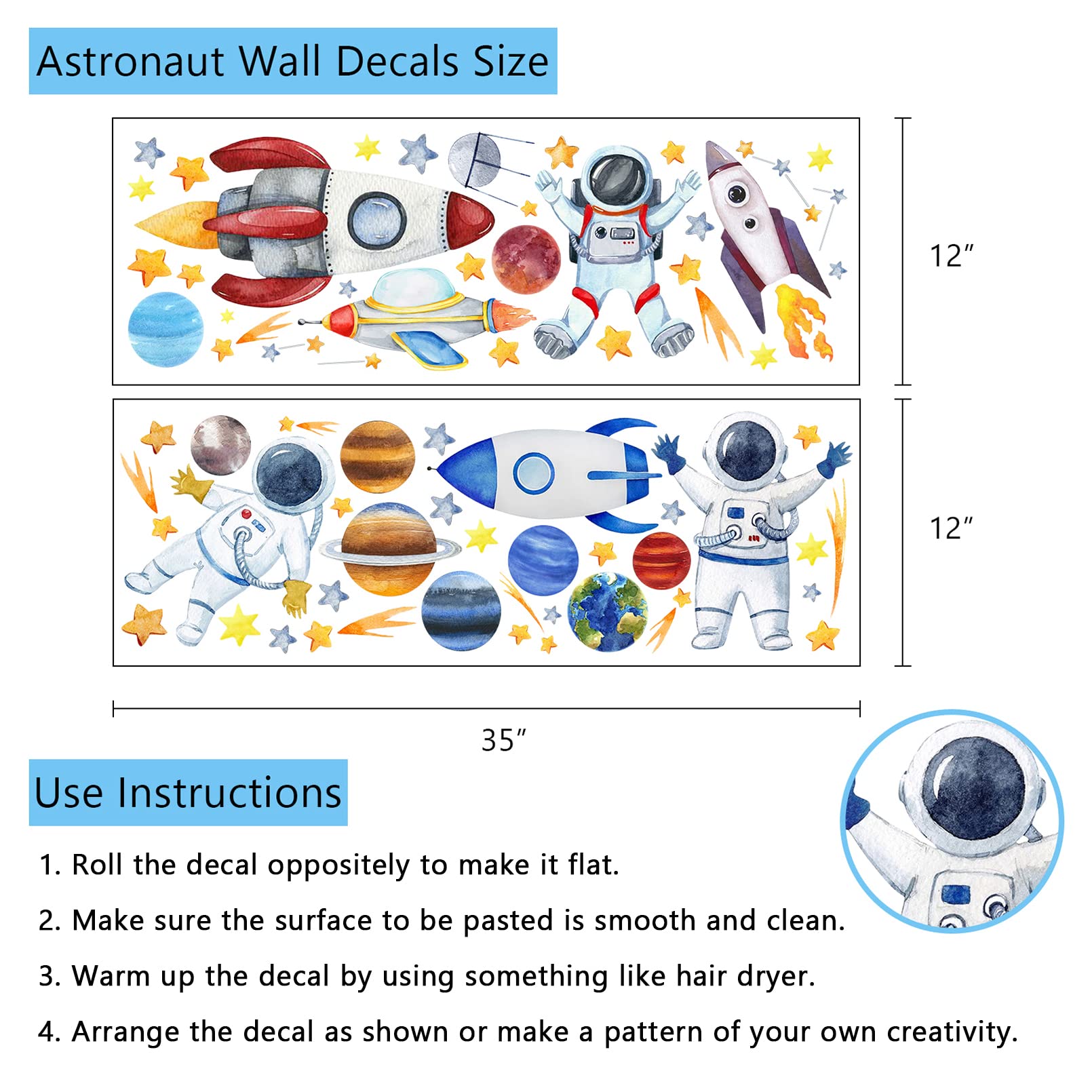 Yovkky Space Astronaut Spacecraft Wall Decal  Galaxy Solar System Planet Peel Stick Sticker Watercolor Rocket Cosmonaut Spaceship Star Nursery Decor  Home Play Room Decoration Kid Boy Bedroom Art Gift