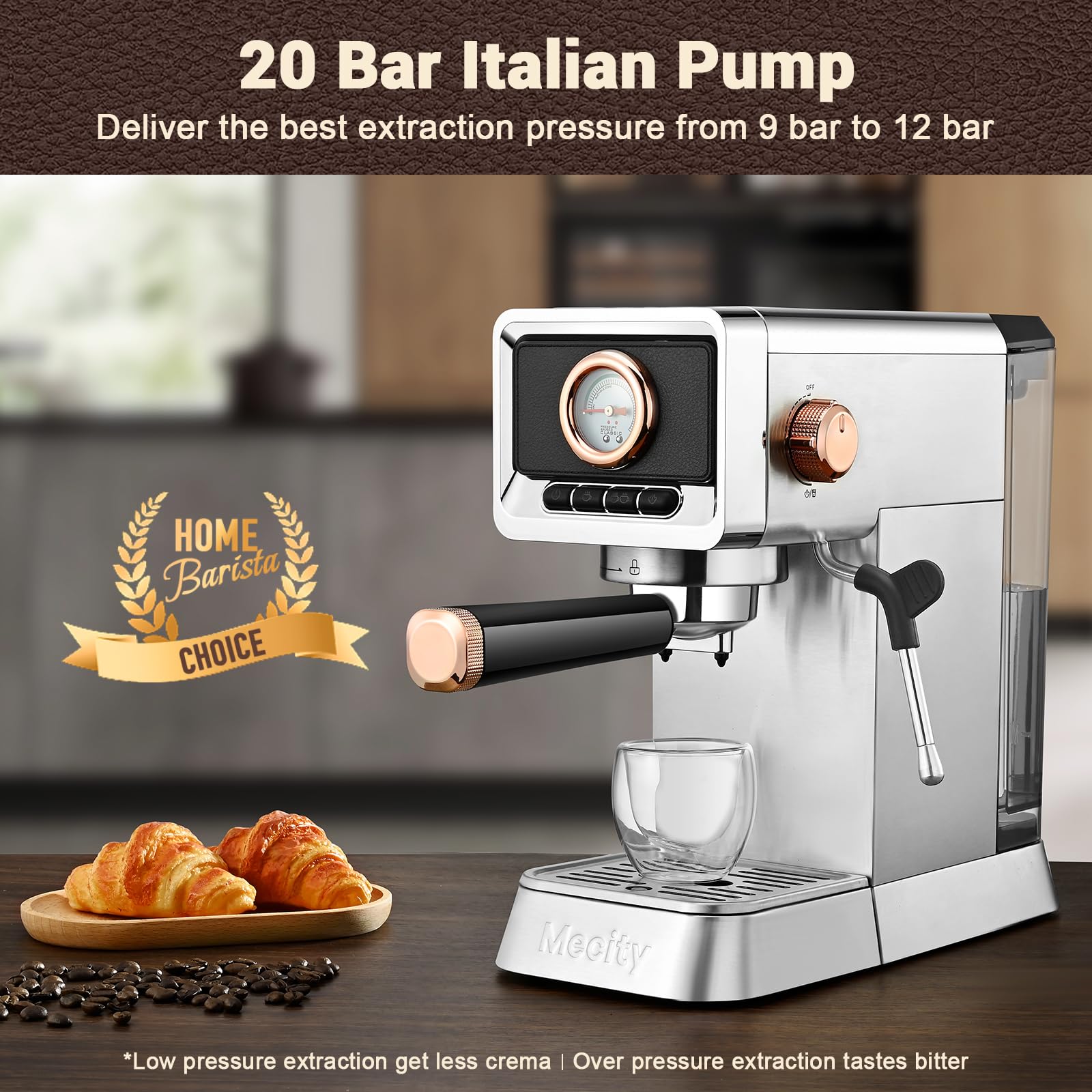 Mecity 20 Bar Espresso Machine with Milk Frother  Brushed Stainless Steel Shell  37 fl.Oz Water Reservoir  Coffee Maker For Espresso  Latte  Mocha  Americano. 1400W