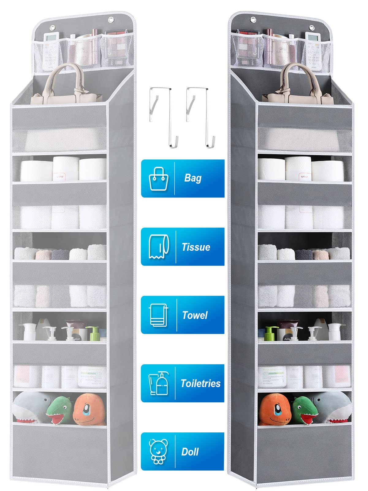 Over The Door Organizer Storage - 6 Shelf Hanging Storage Door Organizer With 8 Large Capacity Pockets, Anti Tilt Behind Door Or