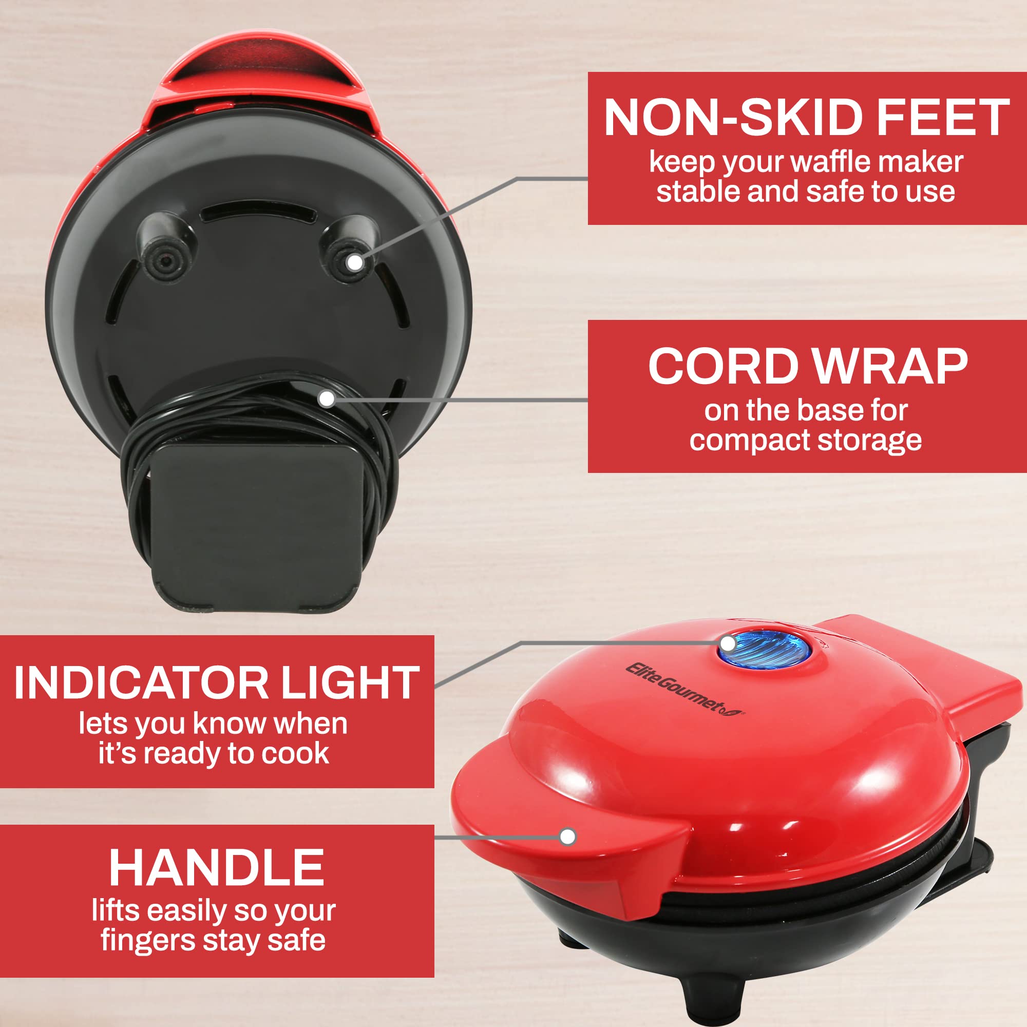 Elite Gourmet Ewm015R Electric Nonstick 4.5-Inch Mini Waffle Maker, Belgian Waffles, Compact Design, Hash Browns, Keto, Snacks,