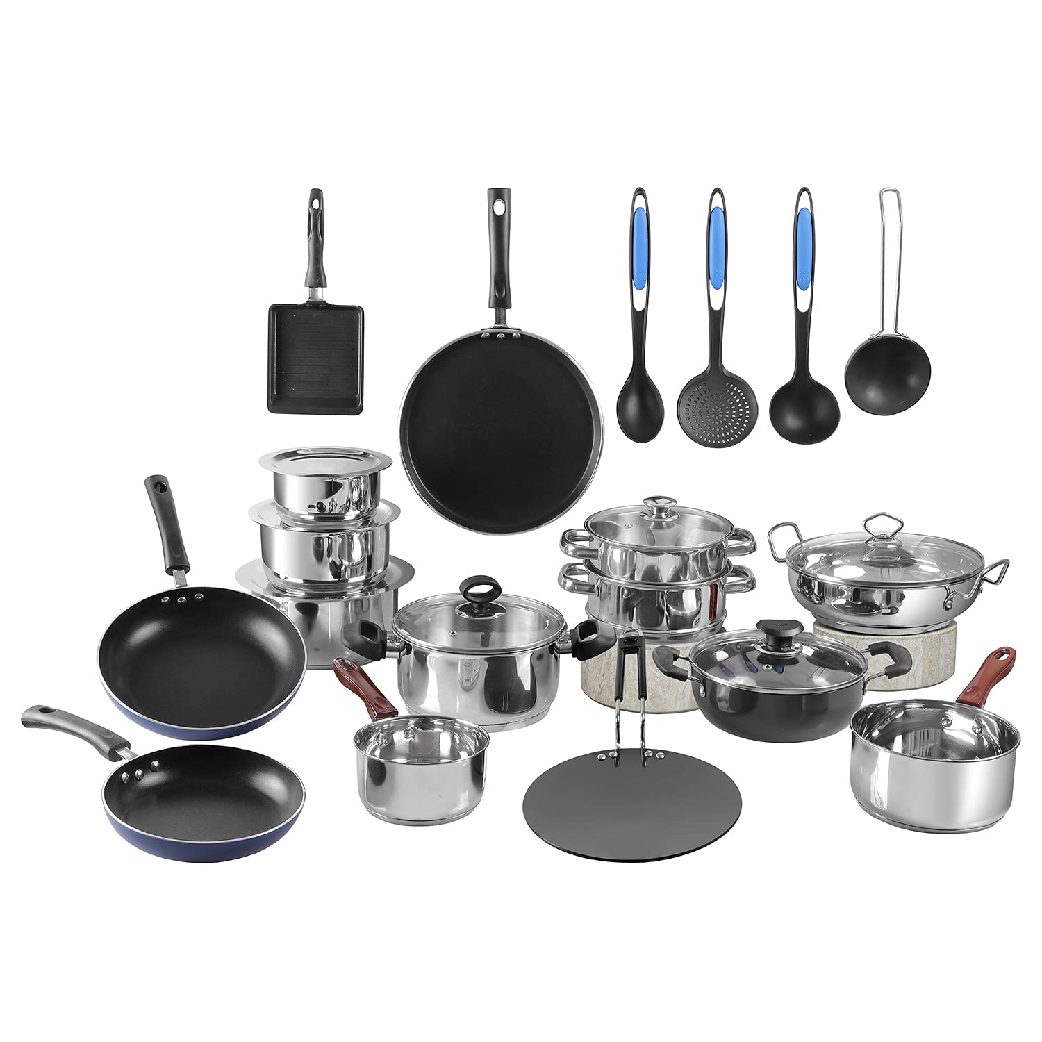 Vinod Kitchen in The Box Stainless Steel Cookware Combo Set of 25 Pcs | Multipurpose Kitchen Set for Cooking | Bartan/Donga Set 