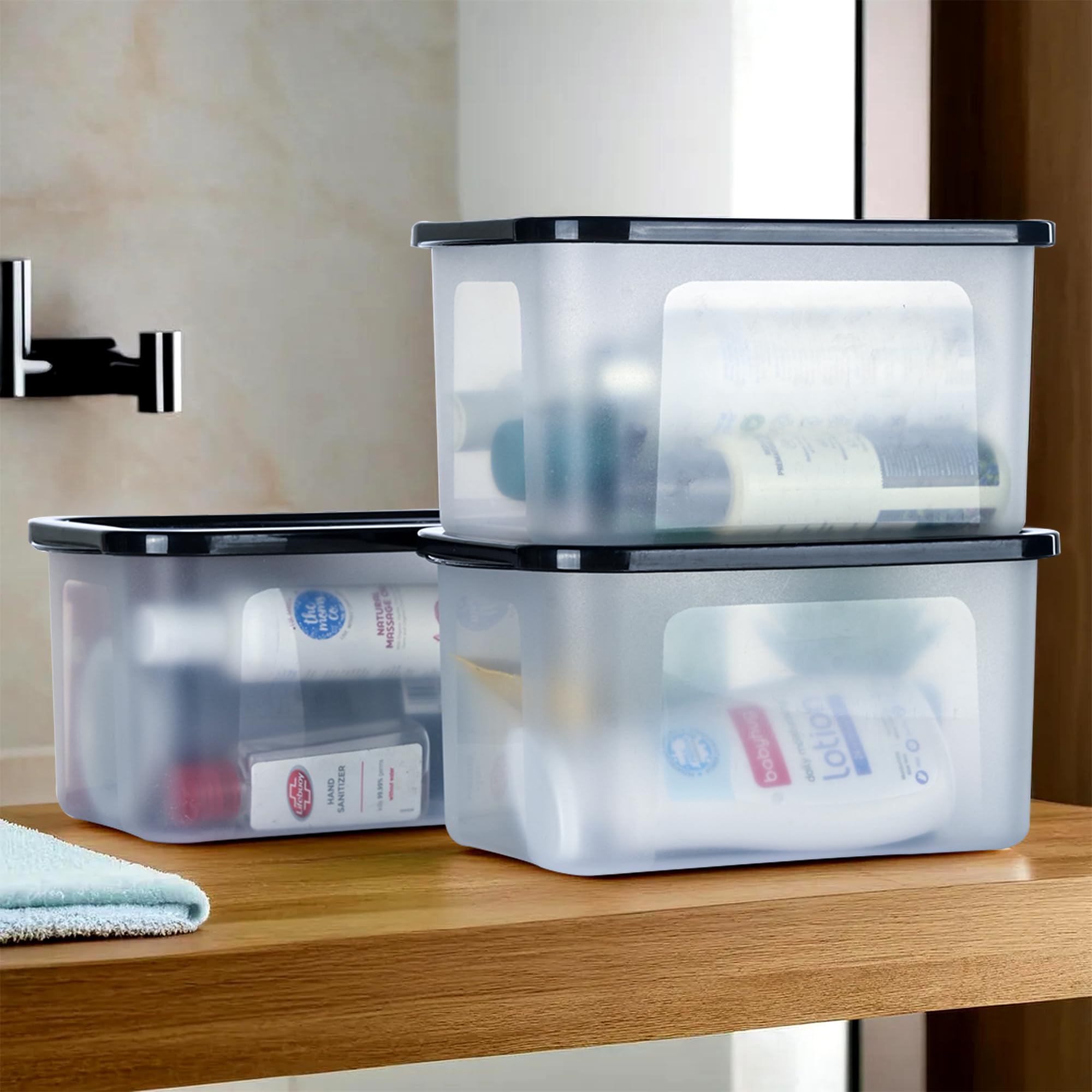 Kuber Industries 3 Pcs Small Plastic Boxes For Storage With Lid  Pooja & Office Items, Baby Clothes & Diaper Organizing Transpa