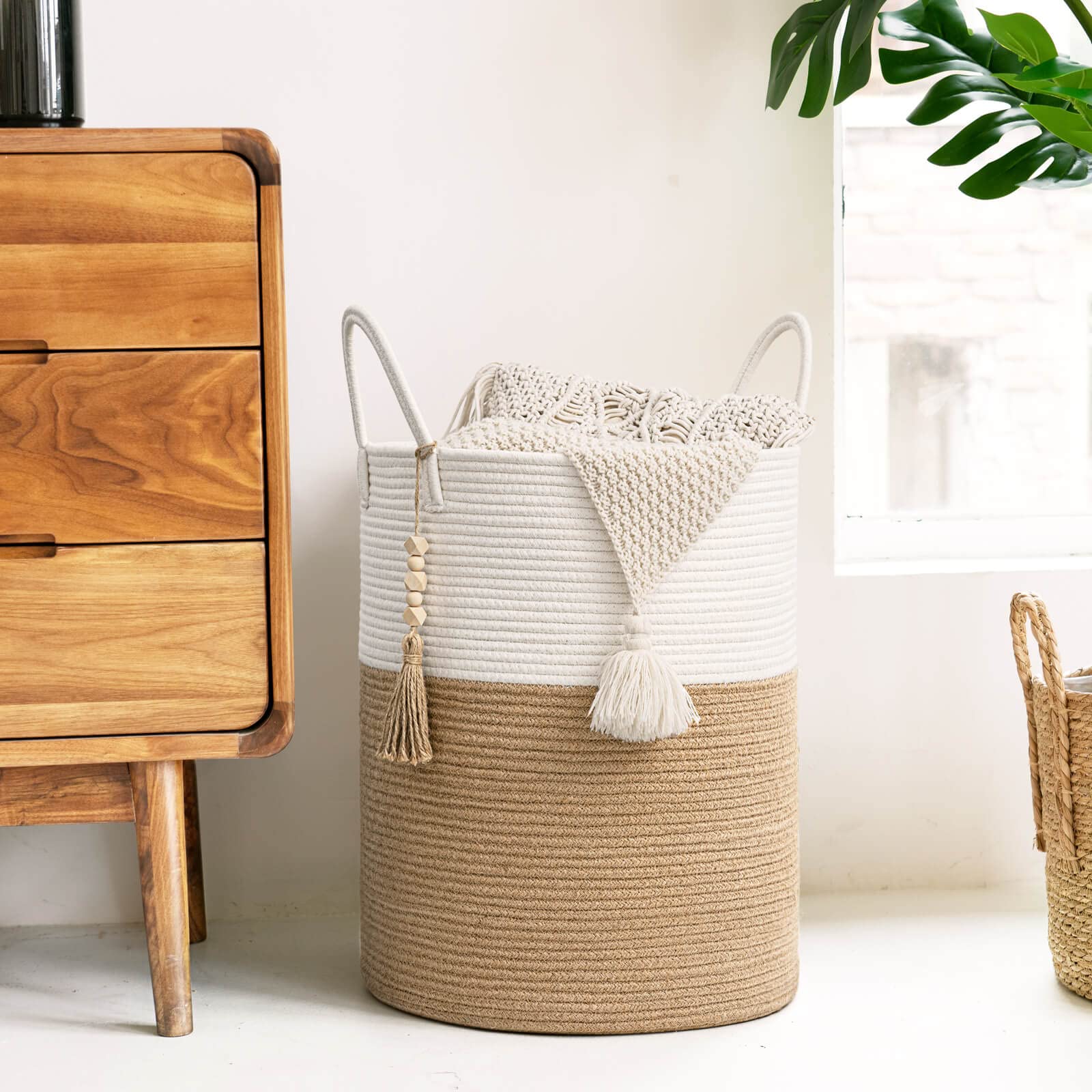 Goodpick Woven Laundry Basket Decorative Blanket Basket For Living Room, Tall Storage Basket For Clothes, Toys, Towels, Wicker L
