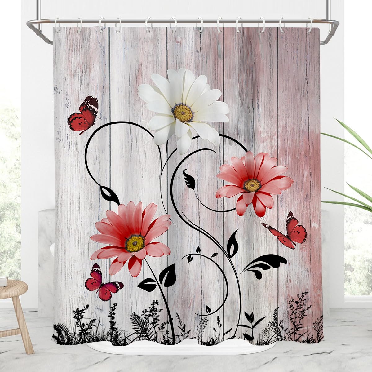 Aatter Red Floral Shower Curtain Rustic Flower White Daisy Butterfly Coral Abstract Black Leaves Bright Wildflower Boho Country