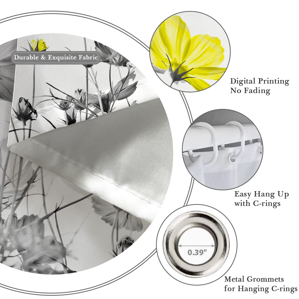 Kikiry Yellow Gray Shower Curtain 60''W X 72''L White Grey Flowers Wildflower Daisy Floral Ink Painting Botanical Simple Eleganc