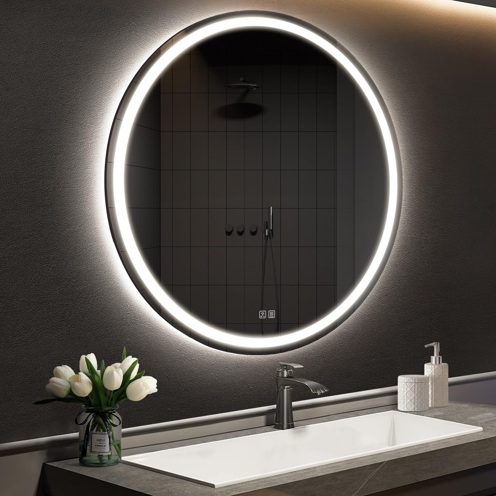 Aprilsoul 28 Inch Round Led Bathroom Mirror With Lights, Makeup Mirror With Front And Backlit, Anti-Fog, 3 Colors And Dimmable L