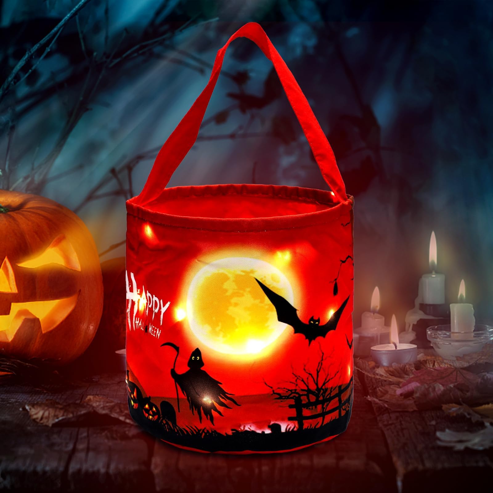 Halloween Trick or Treat Candy Bags LED Light Up Pumpkin Bucket, Collapsible Reusable Candy Basket, Fabric Gift Goody Bags for K