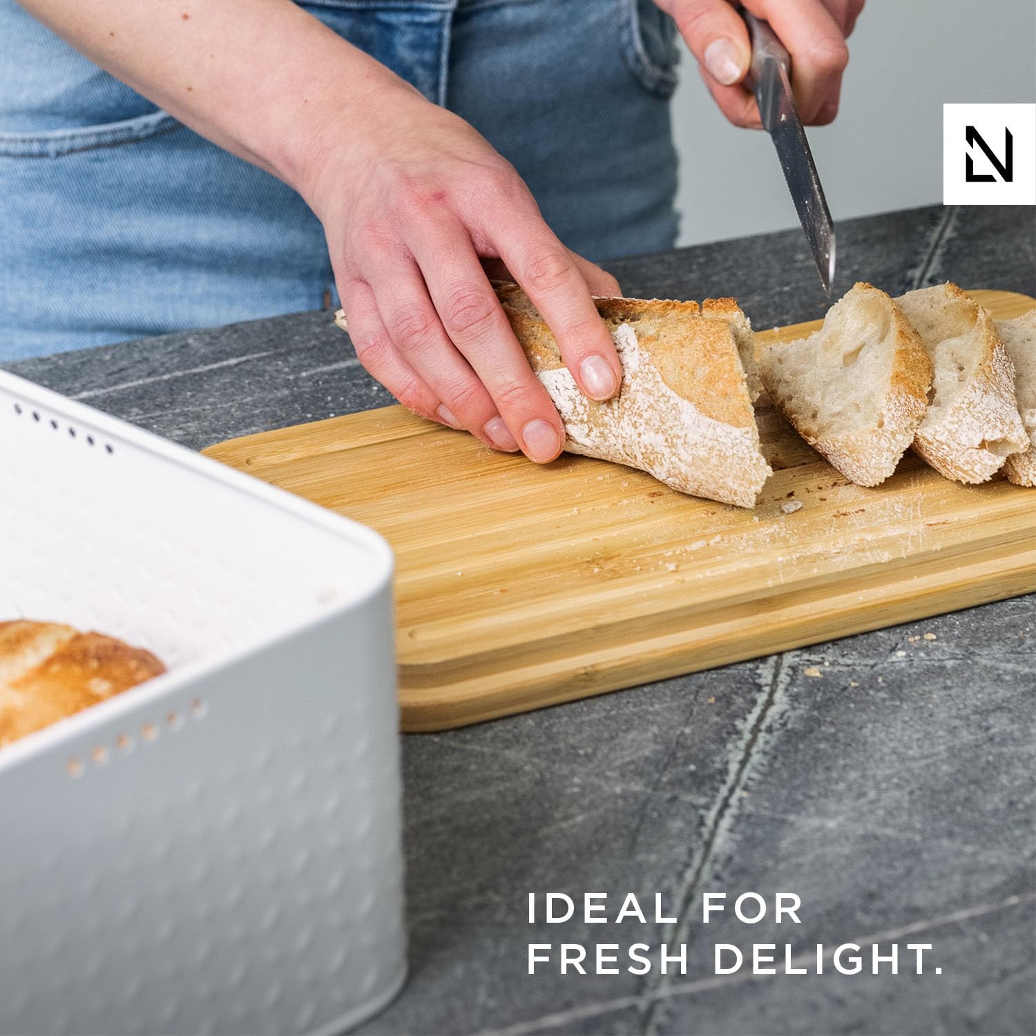 Lars Nysm Bread Box I Metal Box With Linen Bag For Long Lasting Freshness I Bread Bin With Bamboo Lid Usable As Cutting Board I