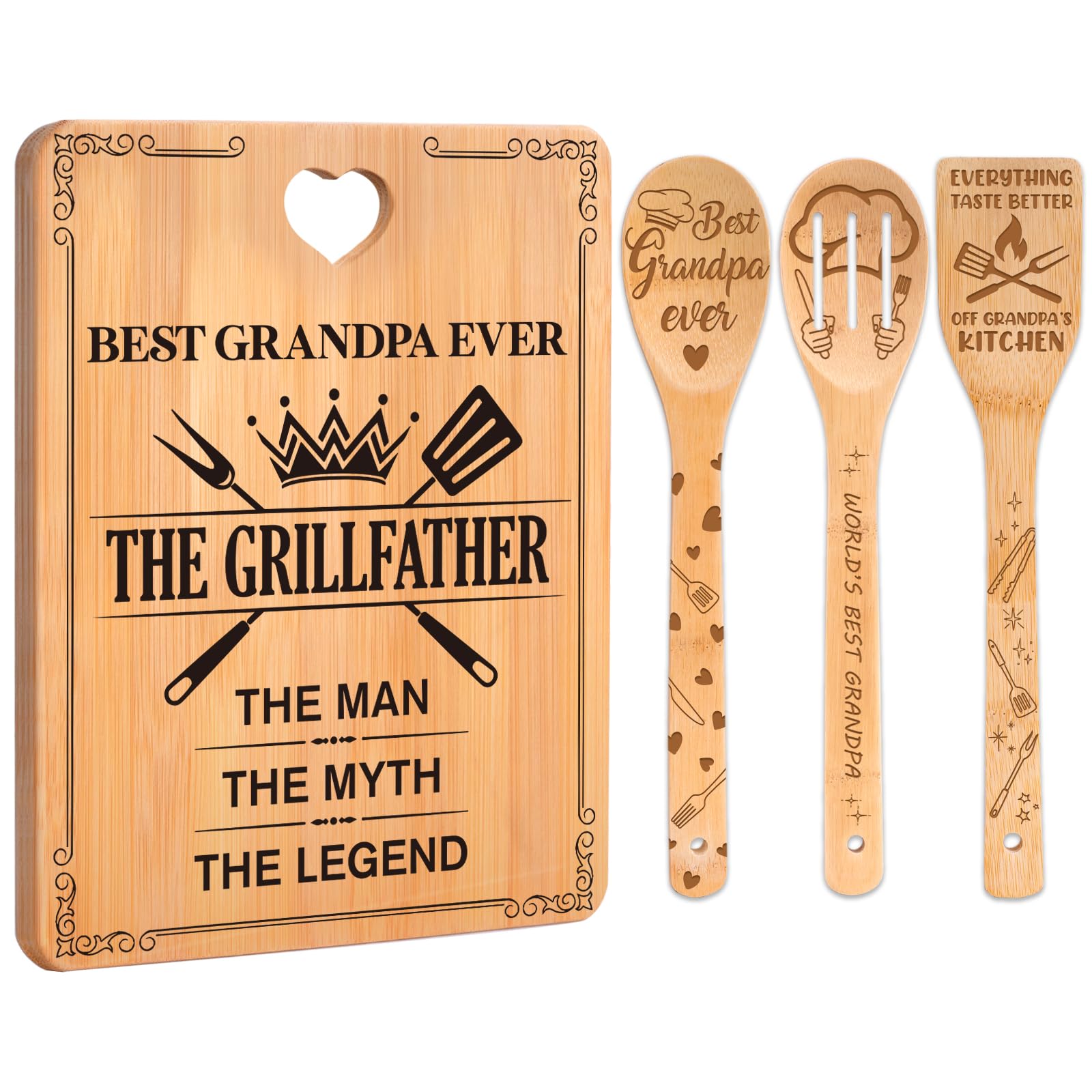 Gifts for Grandpa -  The Grill Father  Grandpa Gifts Cutting Board Set, Bamboo-Made Engraved Utensil Set Grandpa Birthday Gifts