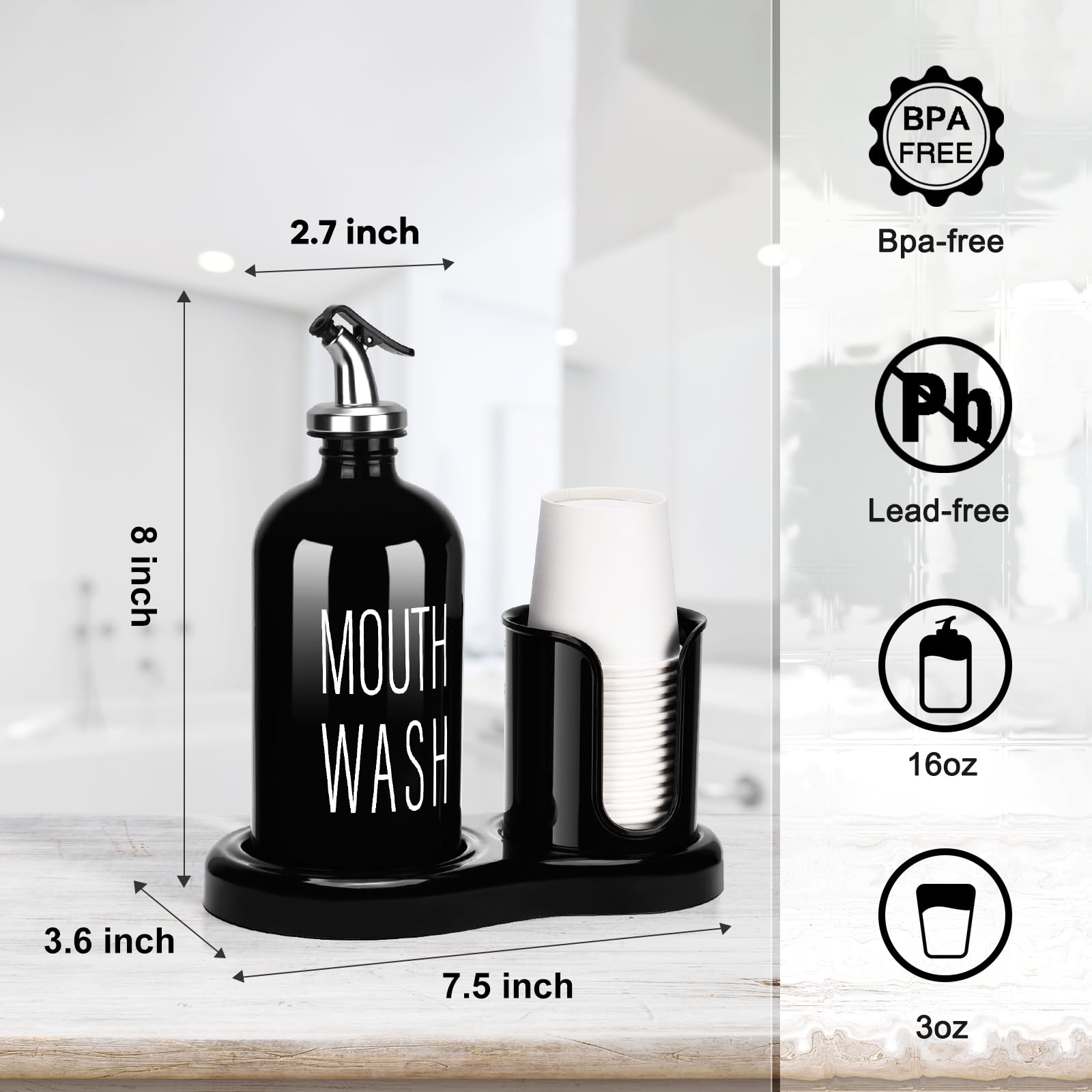 Glass Mouthwash Dispenser with Cup Holder BYAWAY Mouthwash Set for Bathroom 16 OZ Refillable Mouthwash Bottle Container with 14 Mouthwash Cups Funnel (Black)