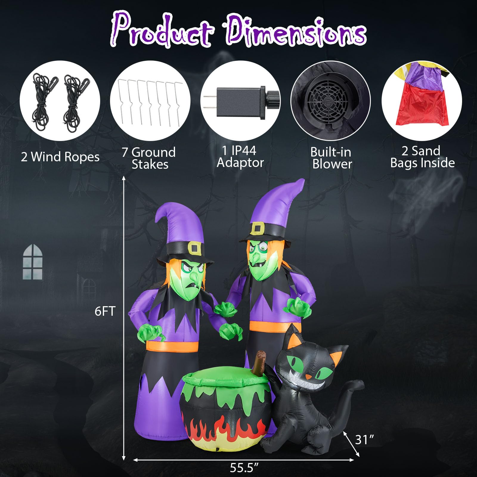 Tangkula 6 Ft Inflatable Halloween Witches, Blow up 2 Scary Witch Decoration with Cauldron & Black Cat, LED Lights, Ground Stake