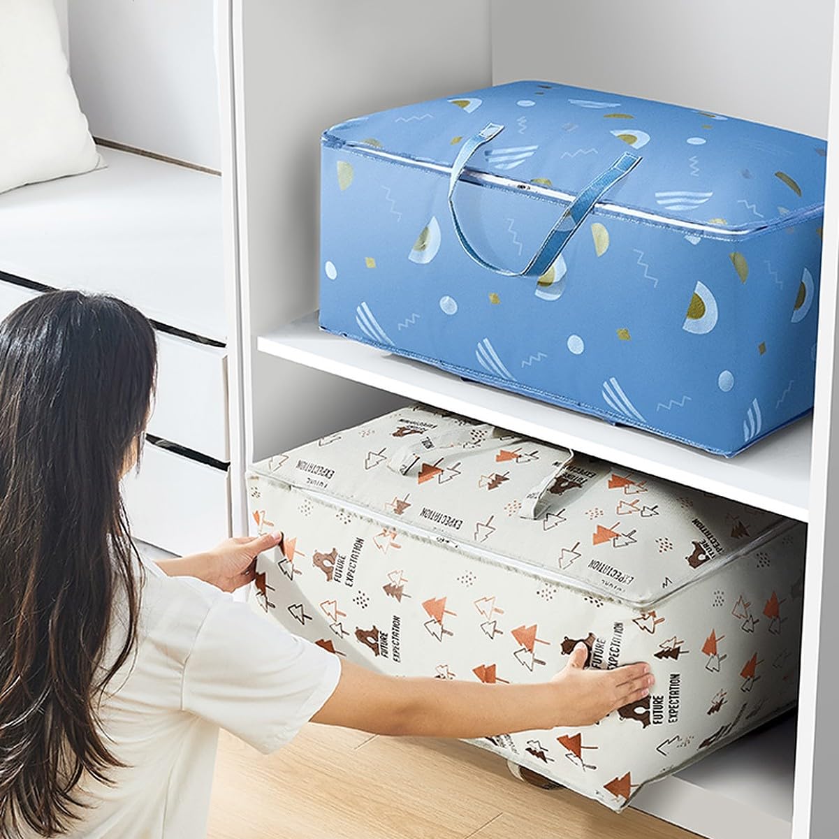 Wolpin Non-Woven Extra Large Size Underbed Storage Bag Waterproof (70 X 30 X 50 Cm) - Zippered Closure & Handle Geometry Print,