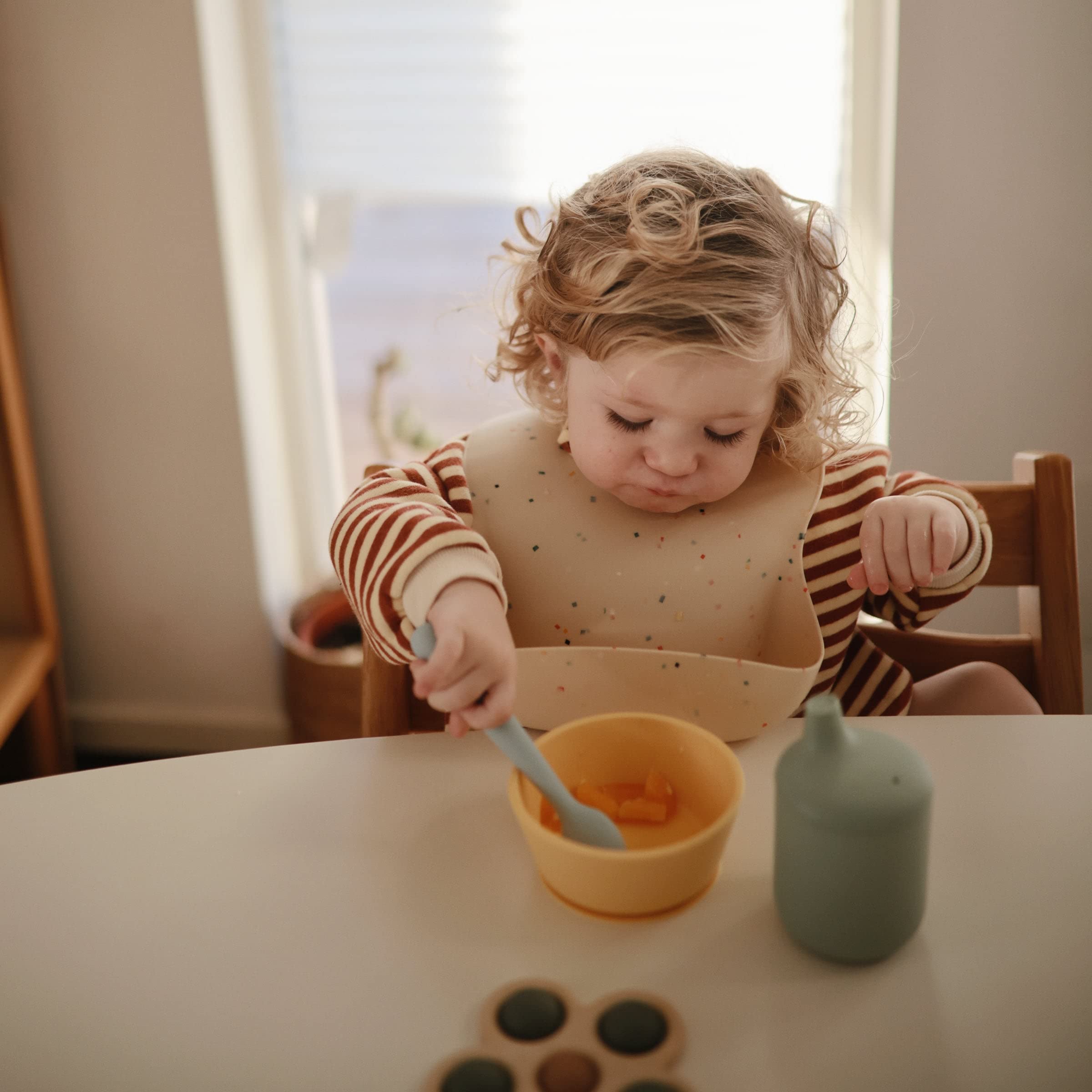 Mushie Silicone Baby Feeding Spoons | 2 Pack (Cambridge Blue/Shifting Sand)