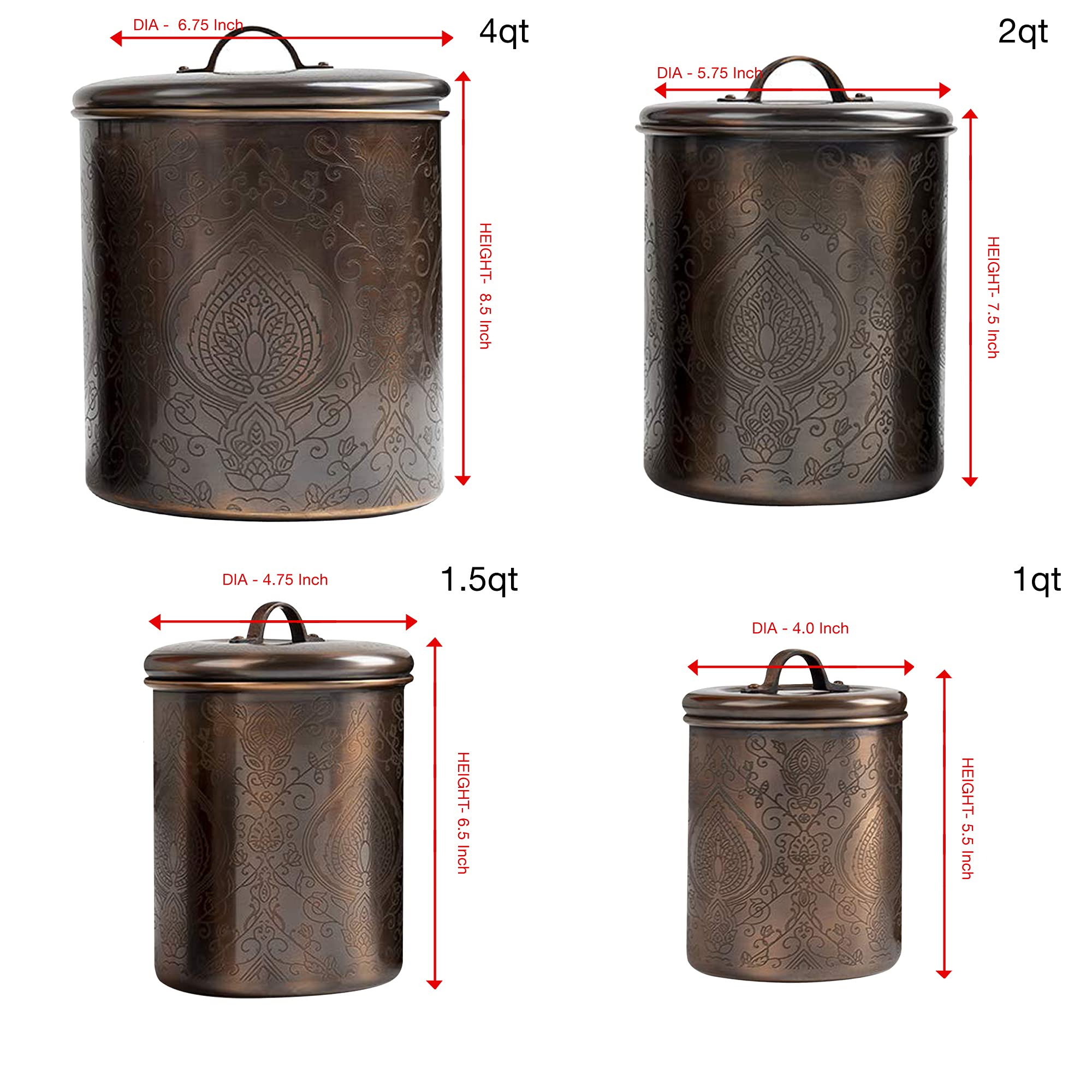 Nu Steel (Set Of 4 Antique Etched Kitchen Organization Canisters Set- Copper & Stainless Steel