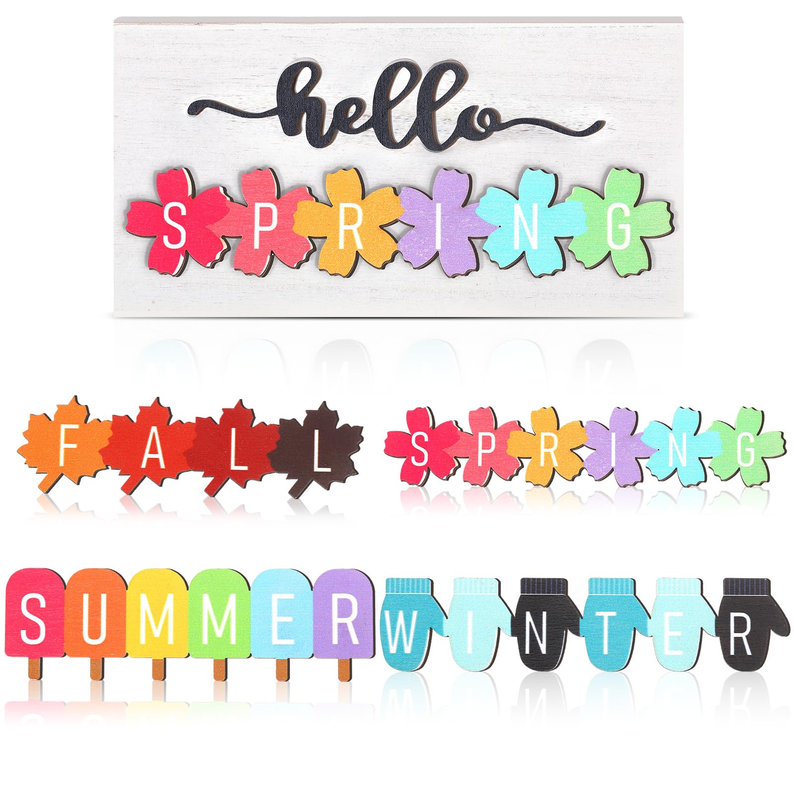 Roowest 5 Pcs Hello Winter Sign Interchangeable Seasonal Sign Spring Summer Fall Tiered Tray Decor 5.9 x 3 Inch Wooden Gloves De