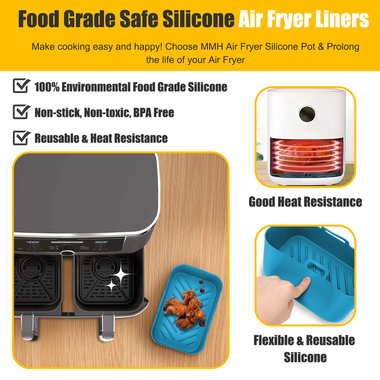2Pcs Air Fryer Silicone Liners Rectangular For Ninja Foodi Dual Dz201/Sl201 8Qt/Dz090 6Qt,Mmh Reusable Airfryer Pot Replacement