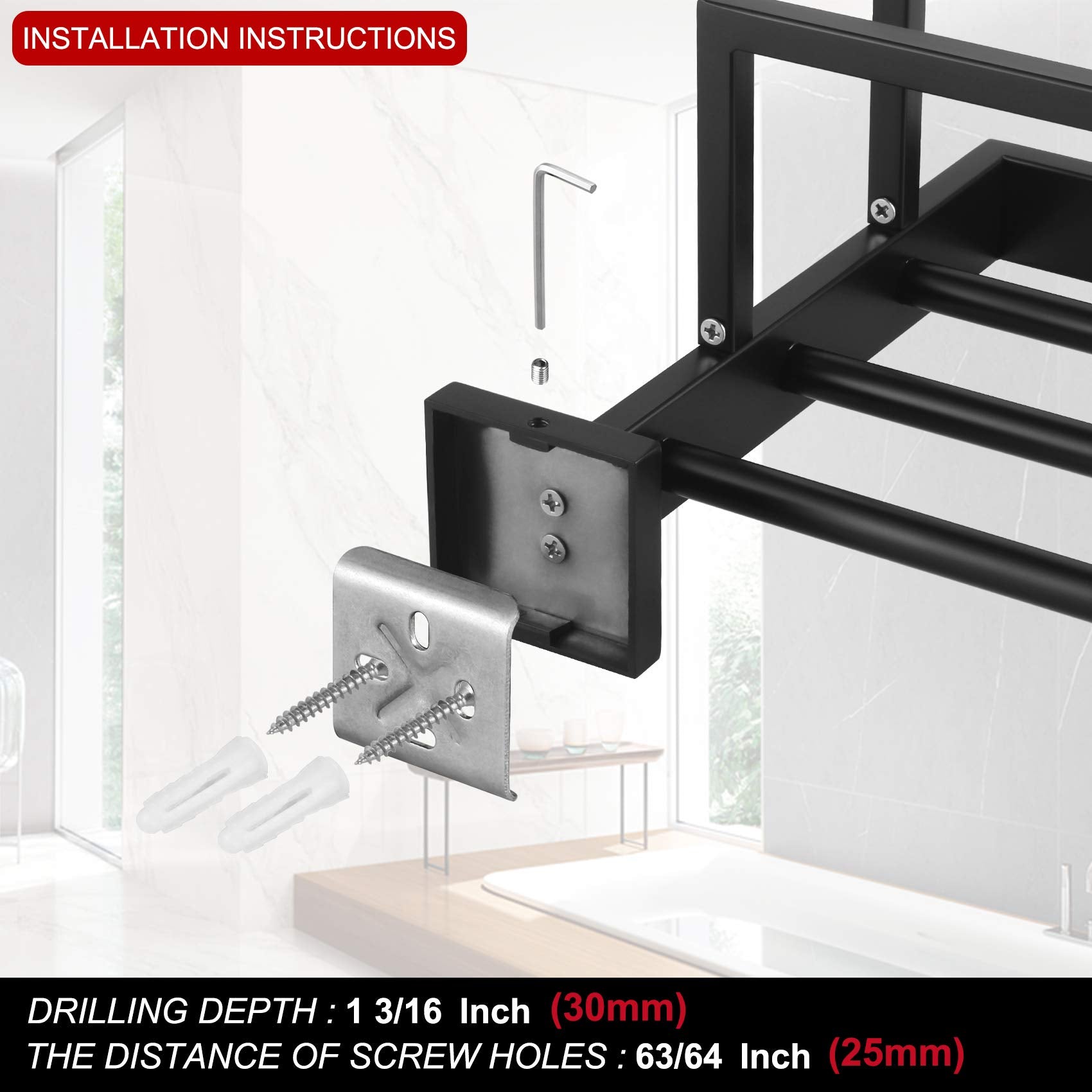 KOKOSIRI Matte Black Towel Rack 24'' Bathroom Towel Shelf with Double Towel Bars SUS304 Stainless Steel Wall Mounted  B6003BK