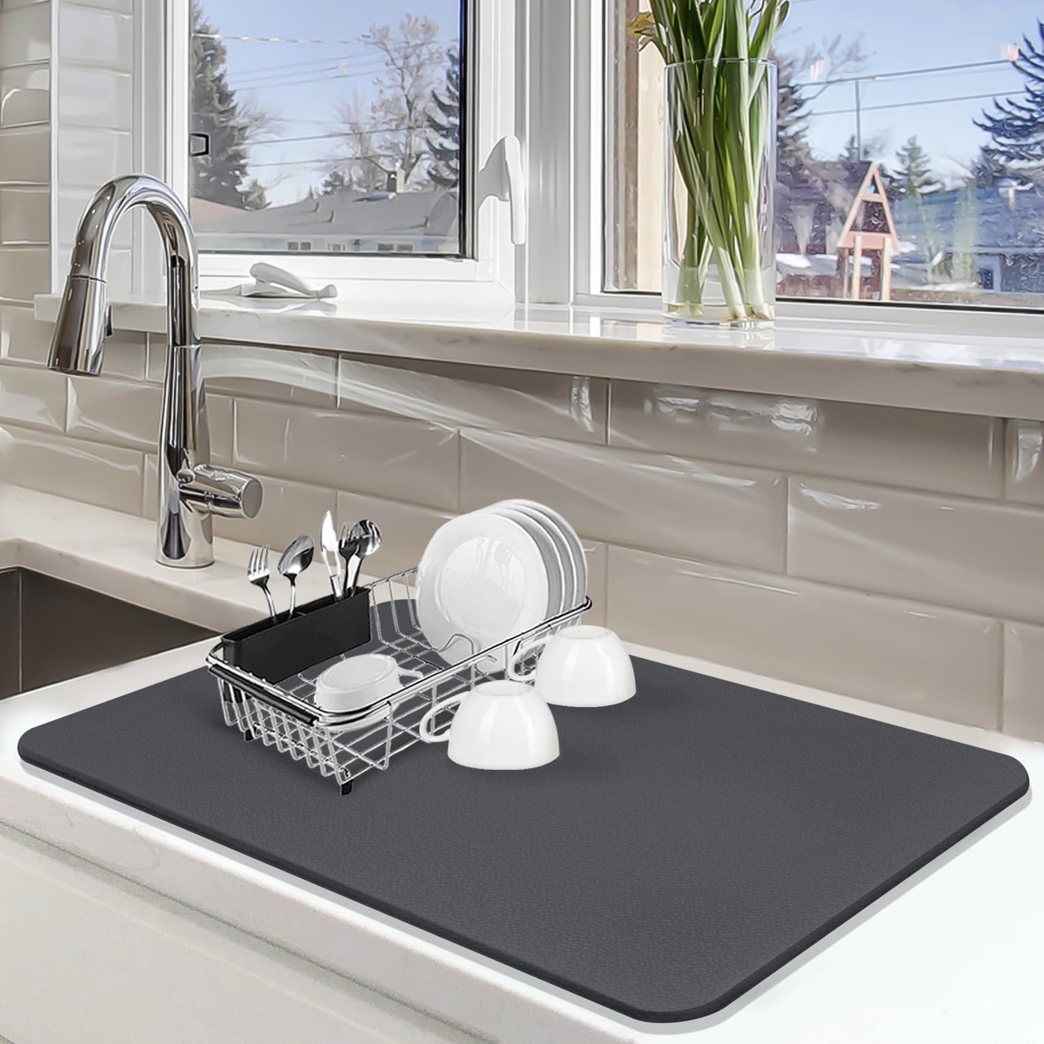 Qpix Digital Large Mat For Dish Drying Rack, 24''X16'' Absorbent Hide Stain Large Dish Drying Mats For Kitchen Counter Quick Dry