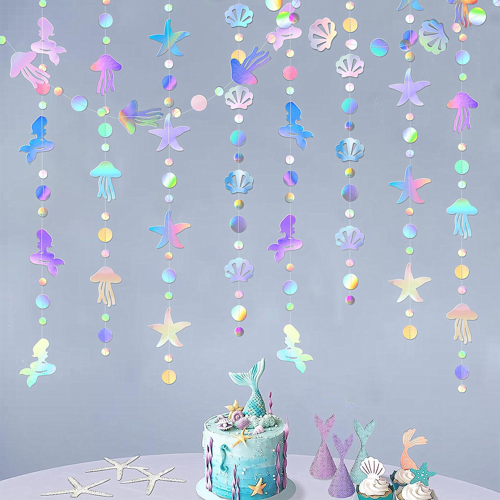 Iridescent Mermaid Birthday Party-Decorations Garland - 40FT Euphoria Under The Sea Jelly Fish Favors,Seashell Starfish Hanging