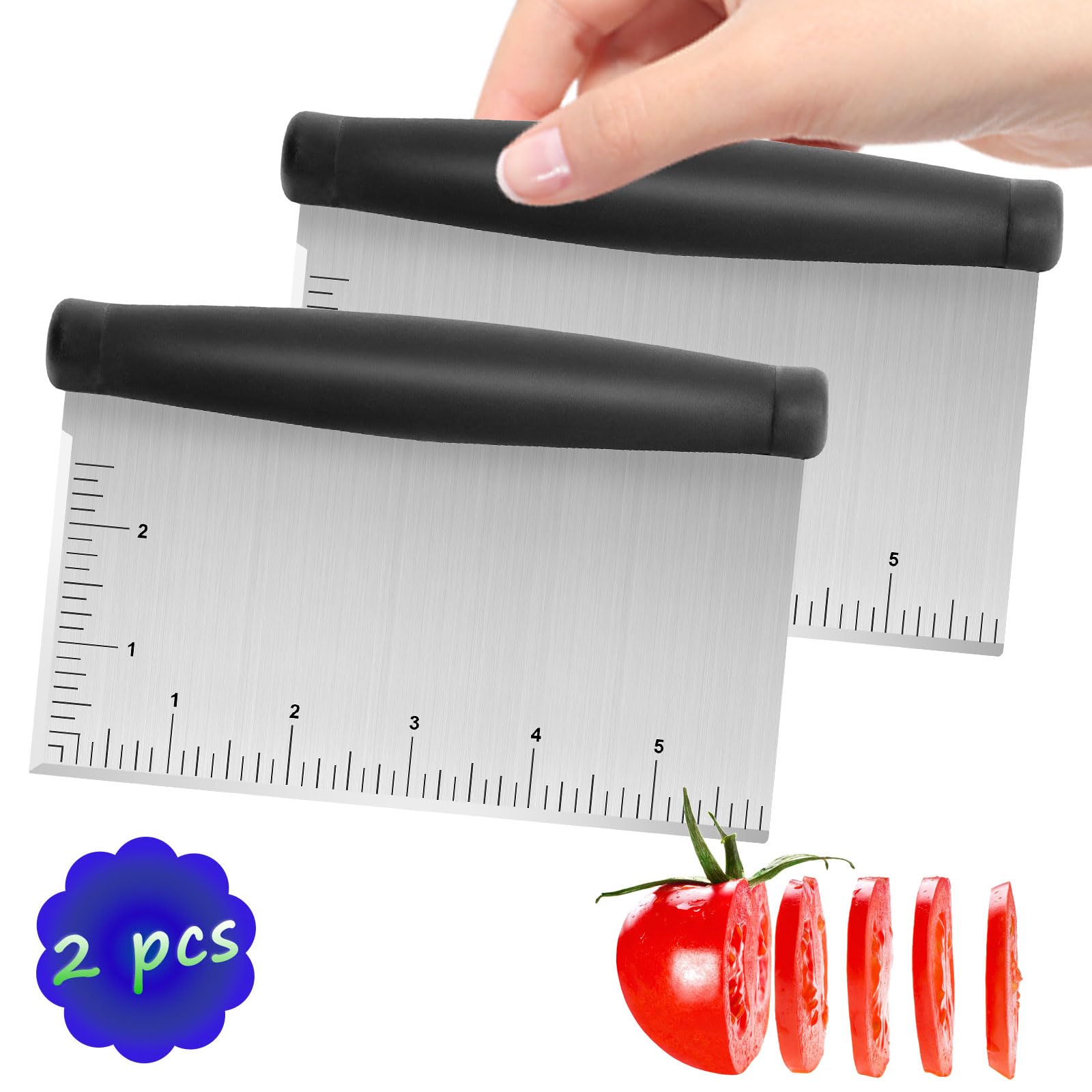2Pcs Stainless Steel Dough Scraper & Chopper - 6 Inch Multi-Purpose Kitchen Tools With Measuring Markings, Cutter For Dough, Cak