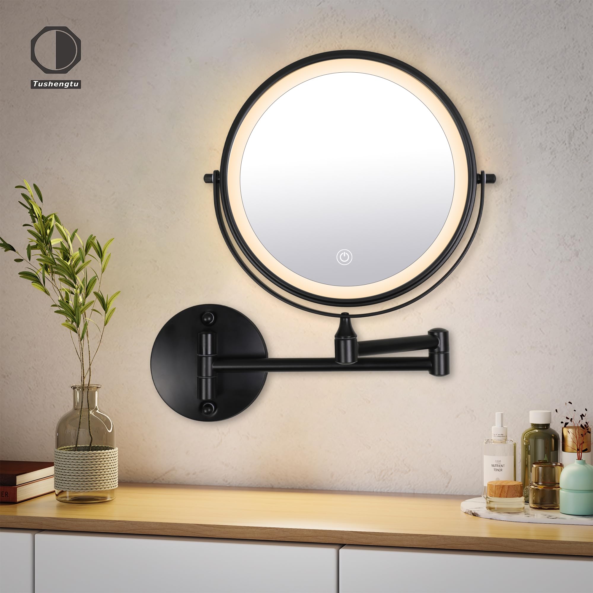 9'' Large Black Wall Mount Magnifying Mirror With Light, Tushengtu 3000Mah Rechargeable Lighted Makeup Vanity Mirror Wall Mounte