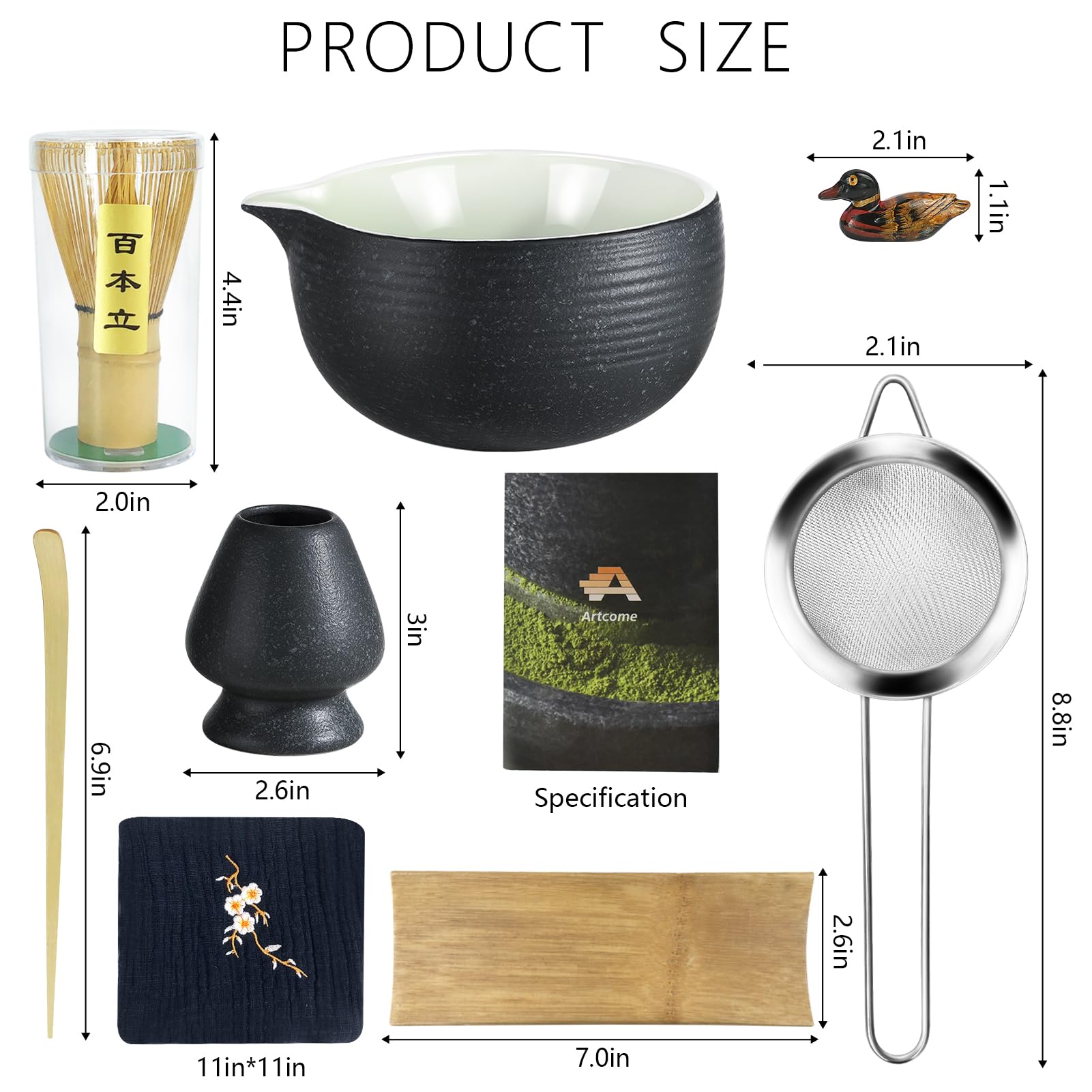 Artcome Bluestone Glaze Matcha Kit For Japanese Tea Ceremony, Bowl With Pouring Spout, Whisk, Tea Scoop, Matcha Powder Strainer,